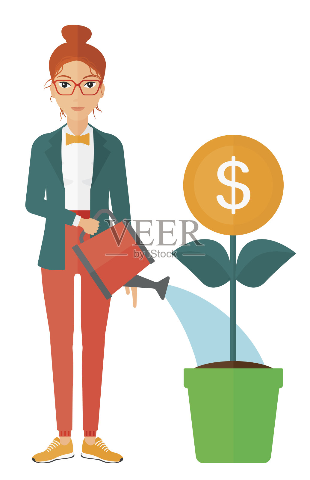 浇钱花的女人插画图片素材