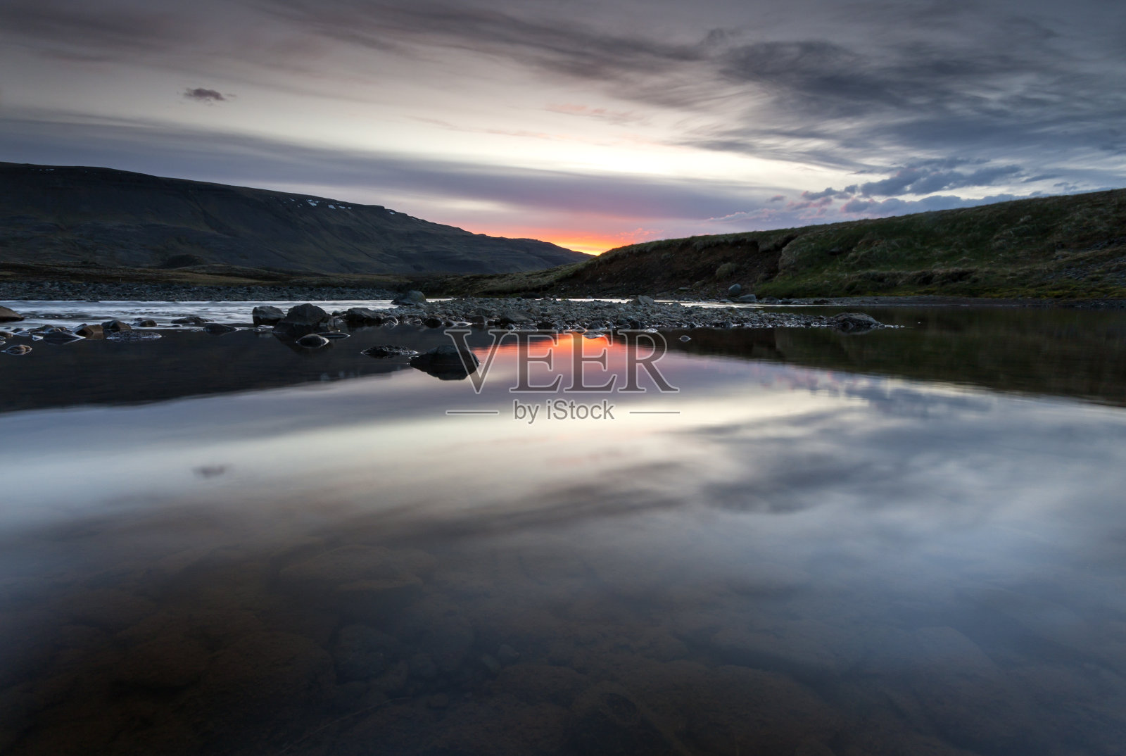 冰岛风景丰富的日落在冰川的水反射照片摄影图片