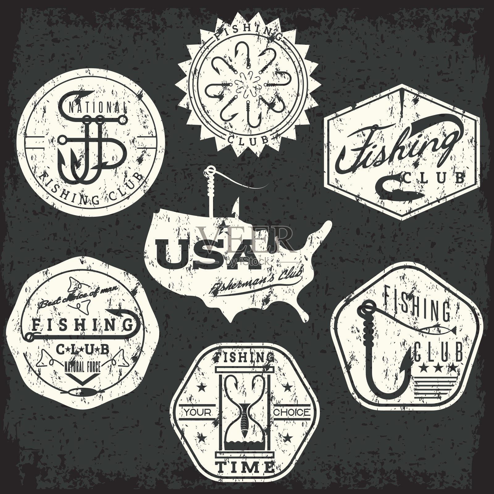 收集复古垃圾标签钓鱼主题设计元素图片