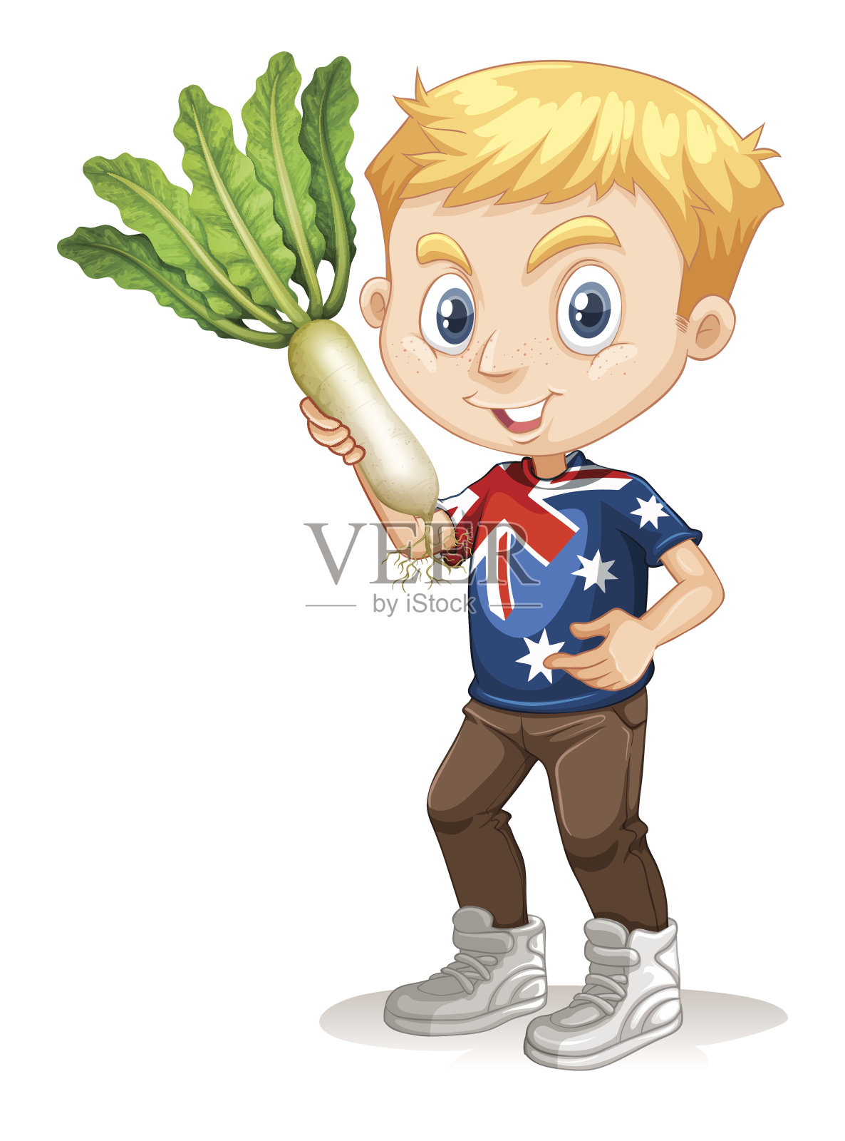 小男孩拿着白萝卜插画图片素材