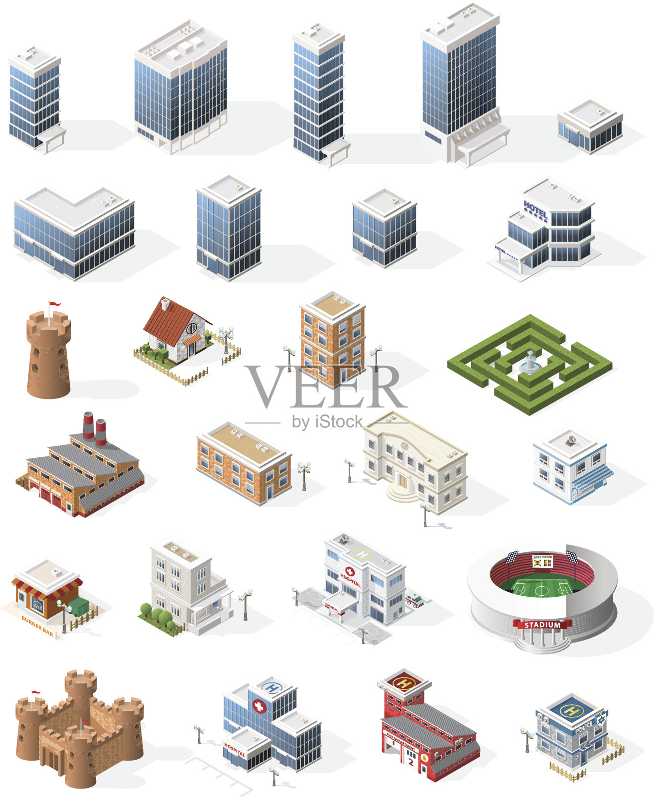 地图等距高质量城市元素集。插画图片素材