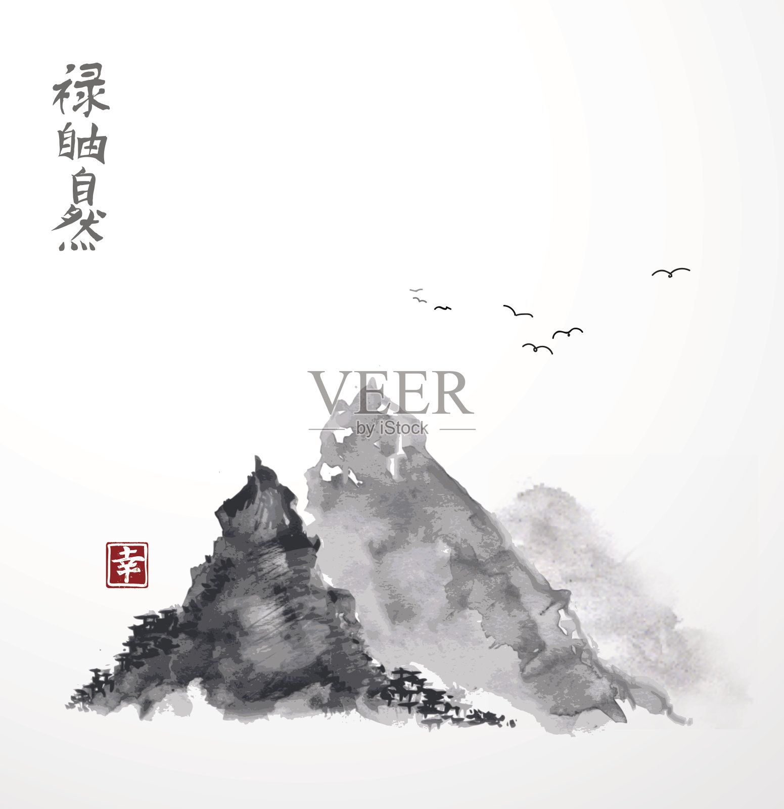 山水画用传统的日本笔墨画插画图片素材