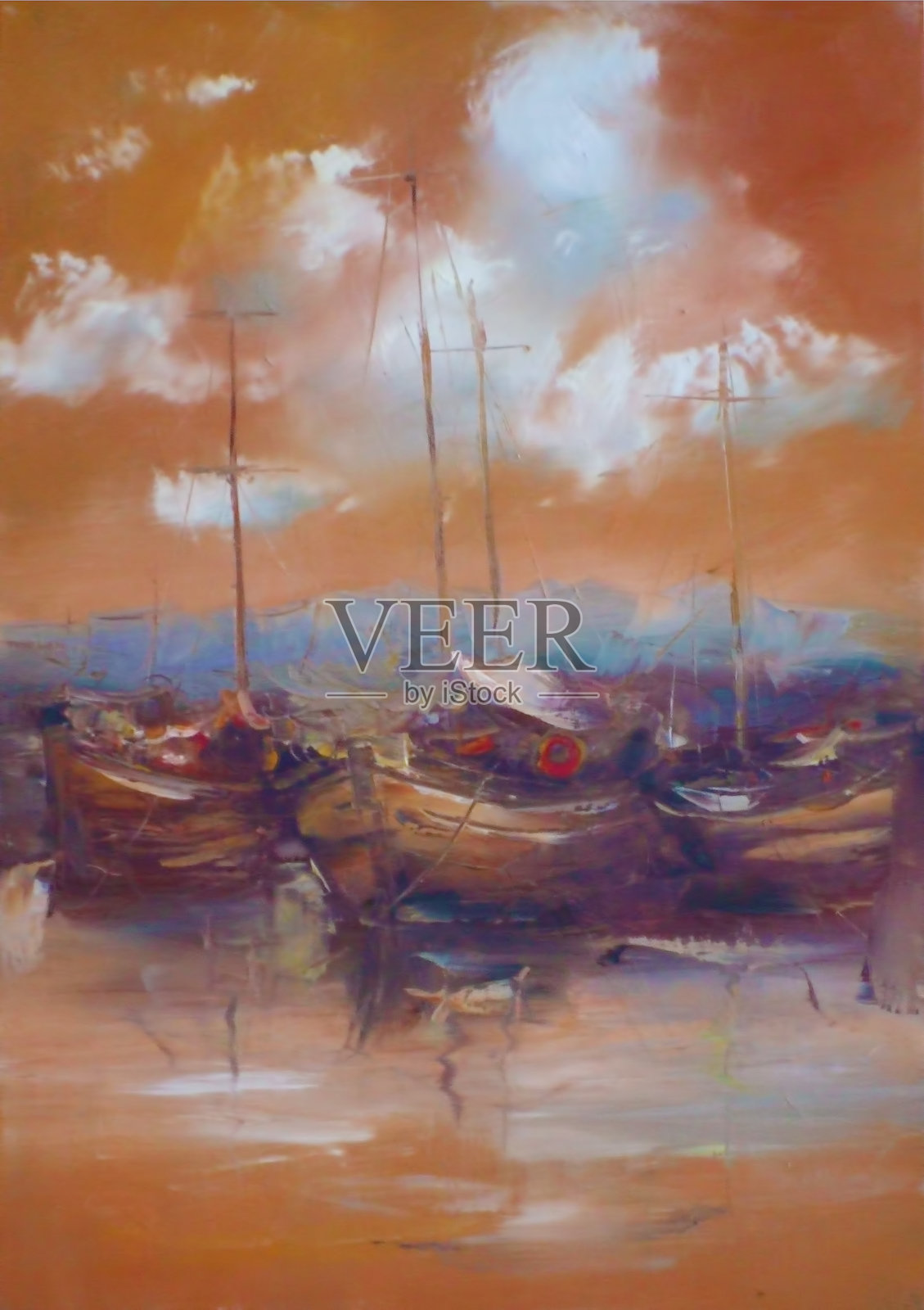 港口里停泊着小船，手工画插画图片素材