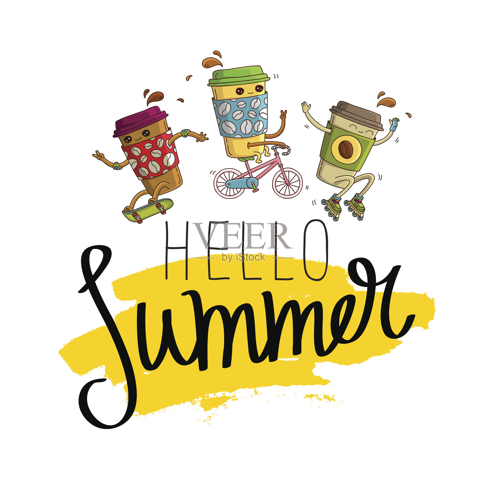 穿着溜冰鞋，玩滑板，骑自行车，喝着咖啡插画图片素材