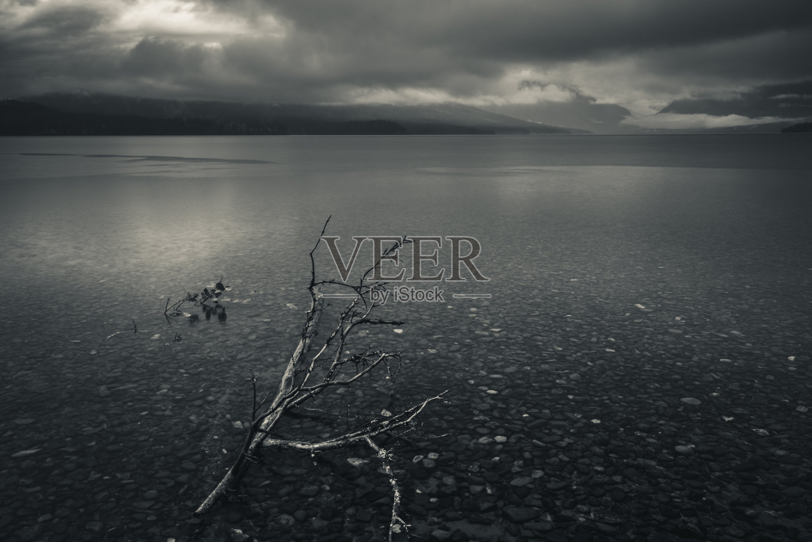 阴天平静的湖面。照片摄影图片