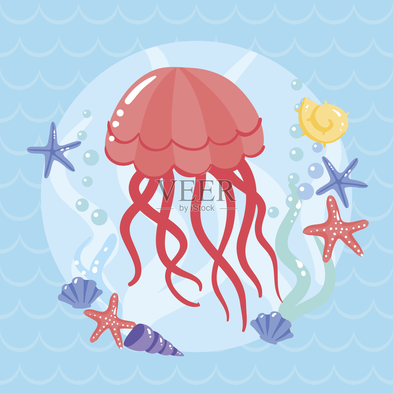 可爱的海蜇和海螺插画图片素材