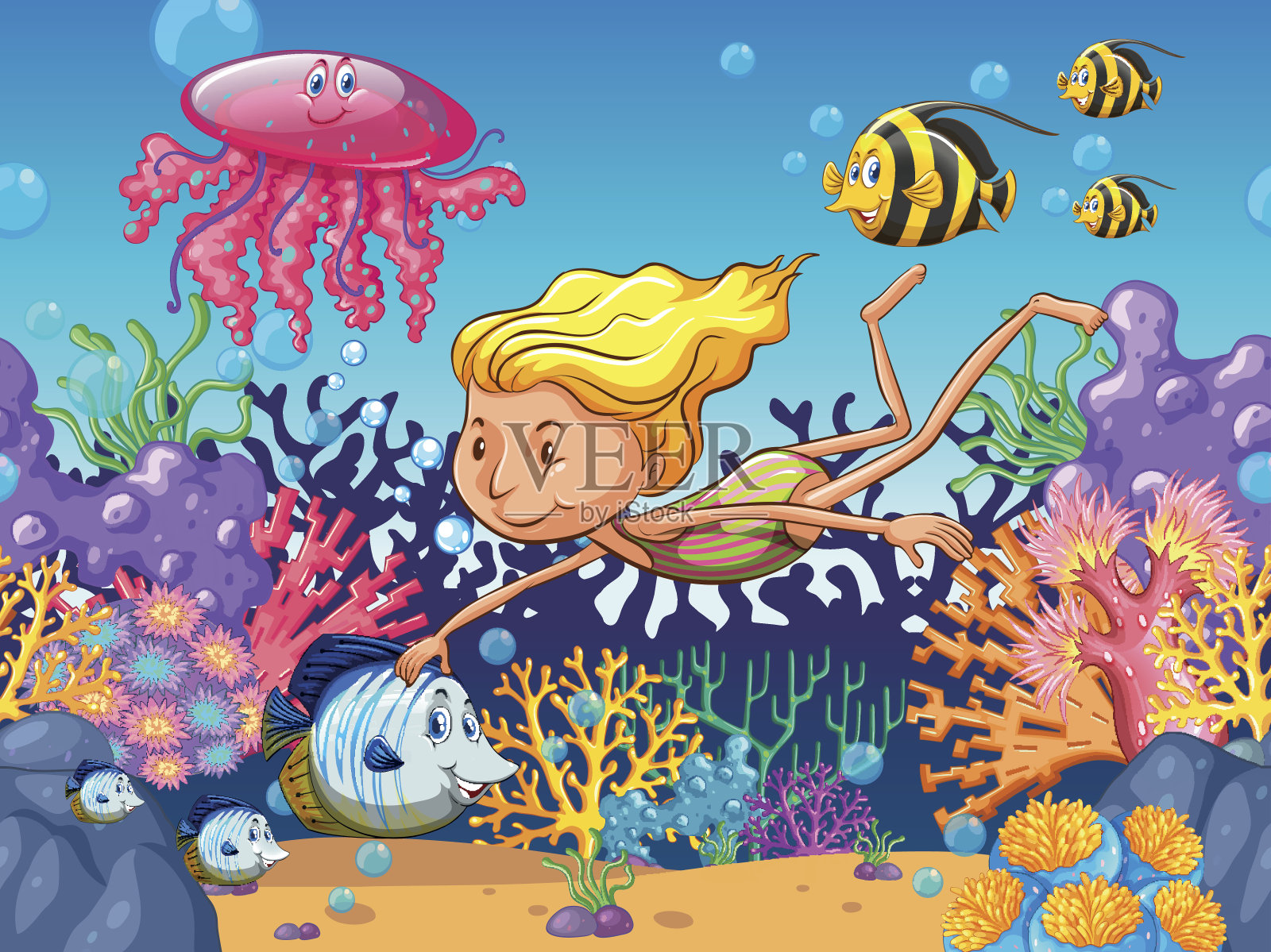女孩和海洋动物在水下游泳插画图片素材