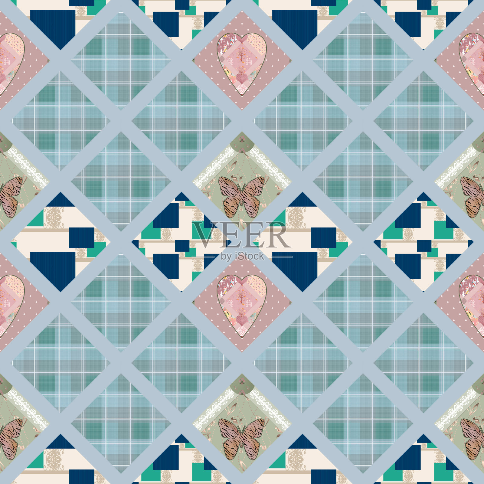 拼接无缝图案与心和元素背景插画图片素材