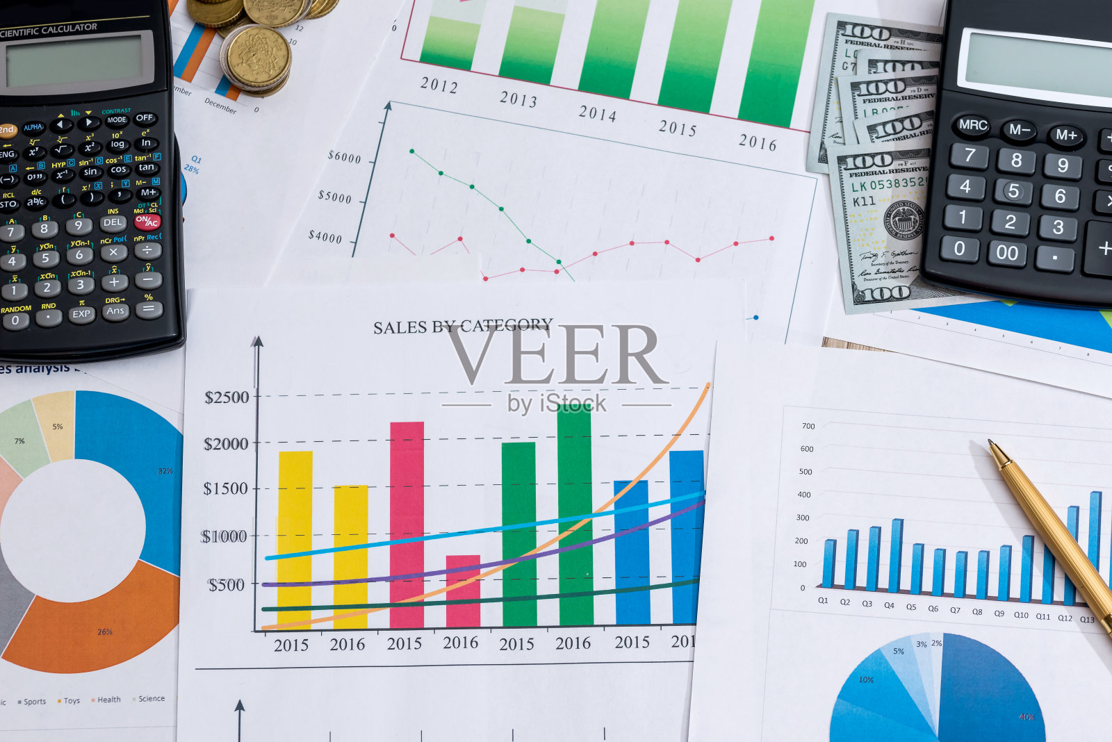 财务图表与笔，计算器和美元照片摄影图片