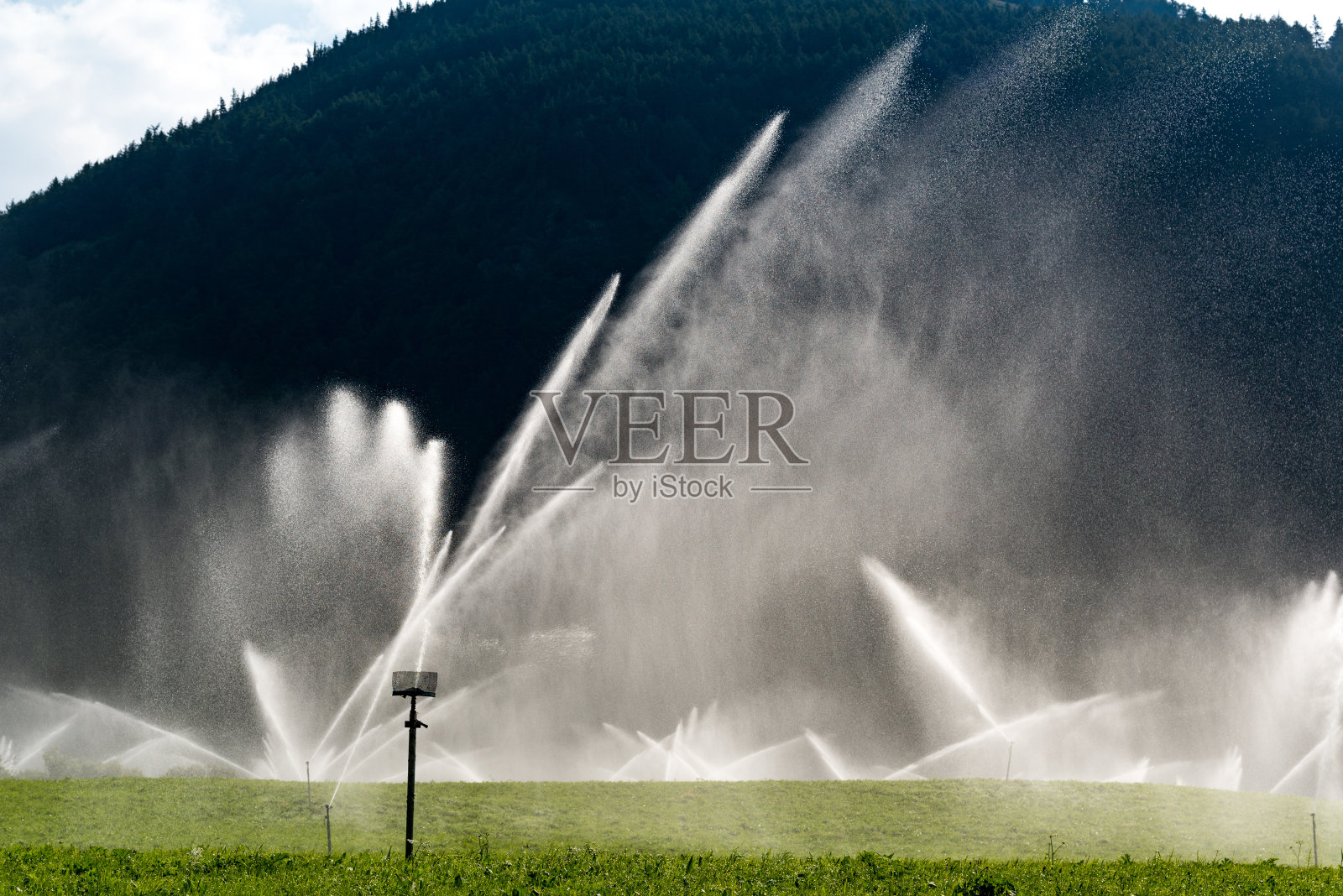 洒水器在田里工作照片摄影图片