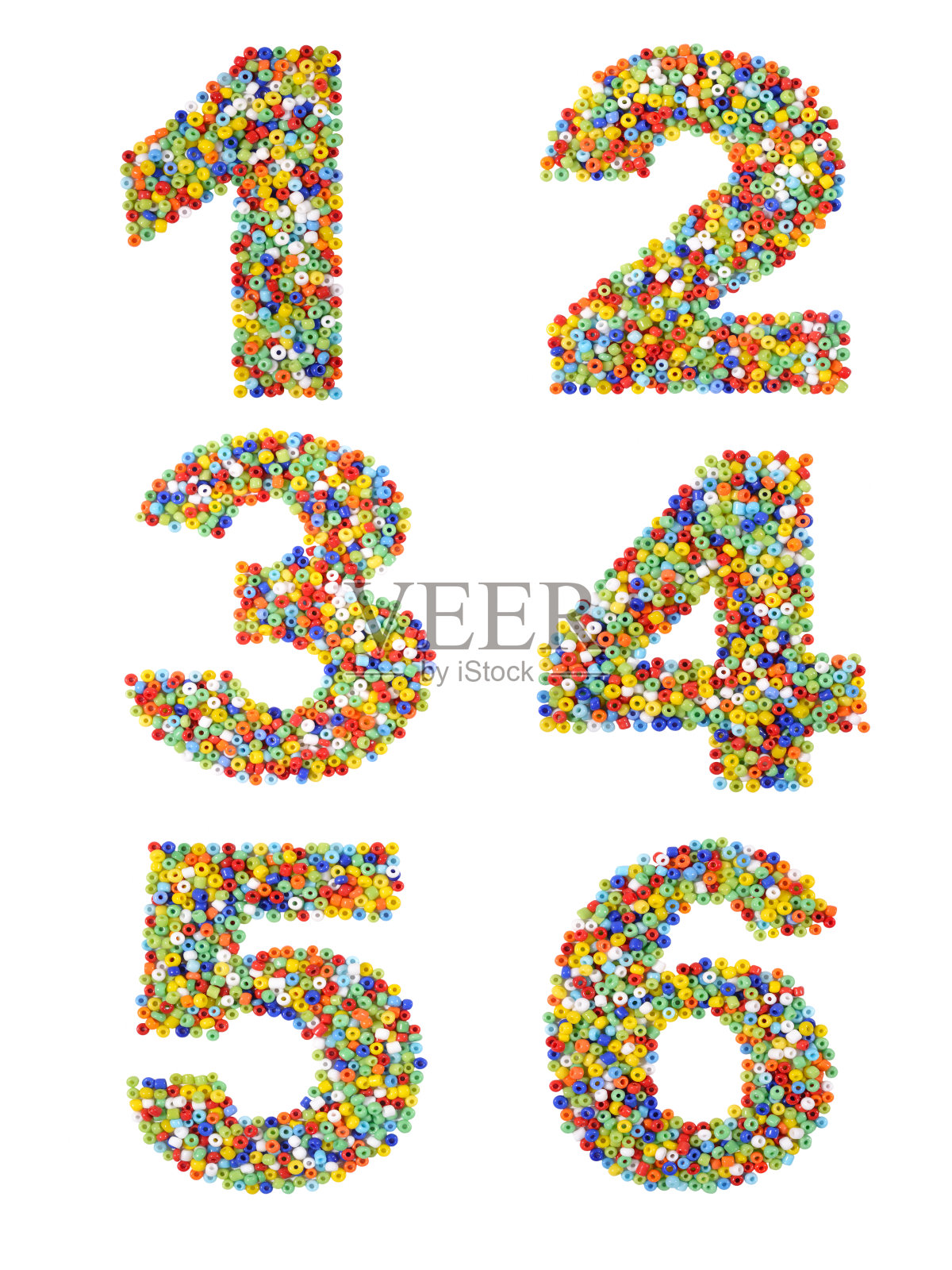 数字1到6由白色的彩色珠子制成照片摄影图片