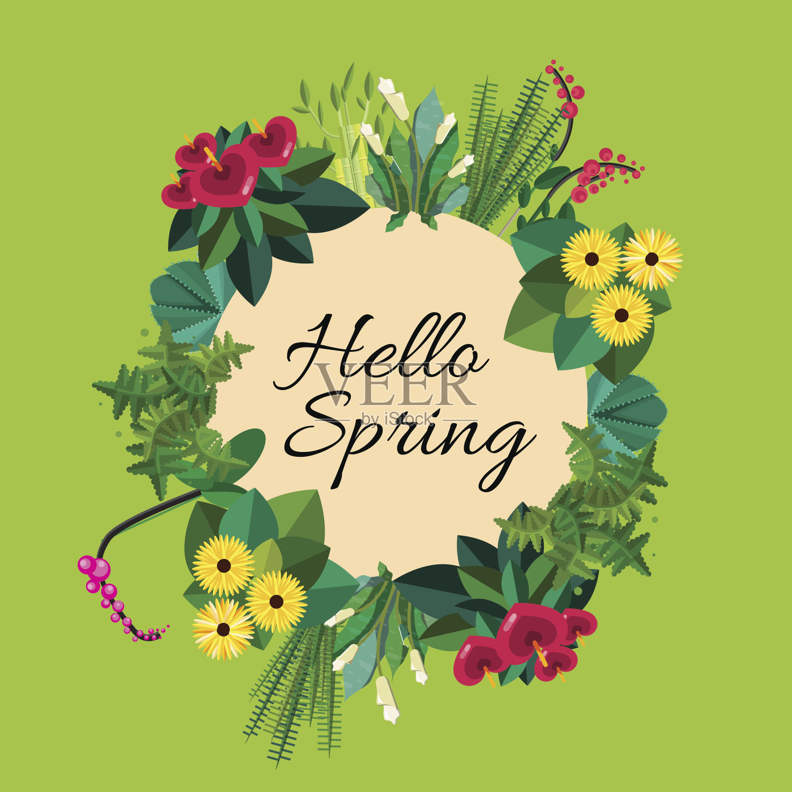 矢量问候花环由植物和鲜花。插画图片素材