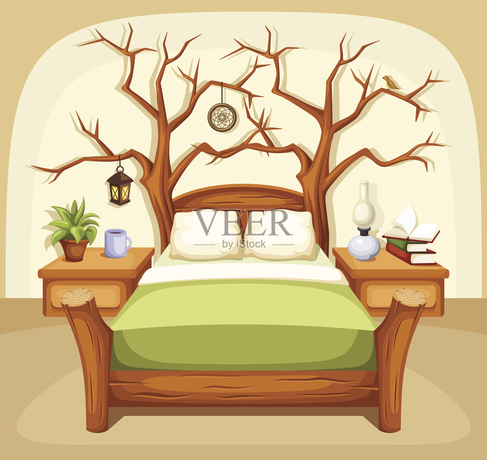 幻想的卧室内。矢量插图。插画图片素材
