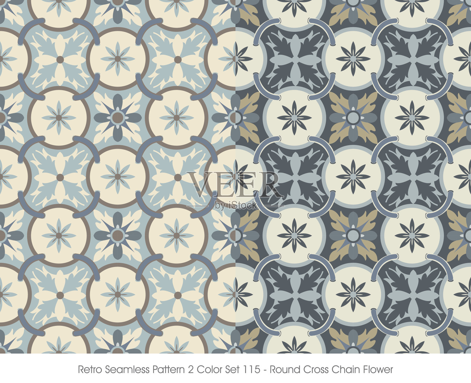 复古无缝图案2颜色Set_115圆十字链花插画图片素材