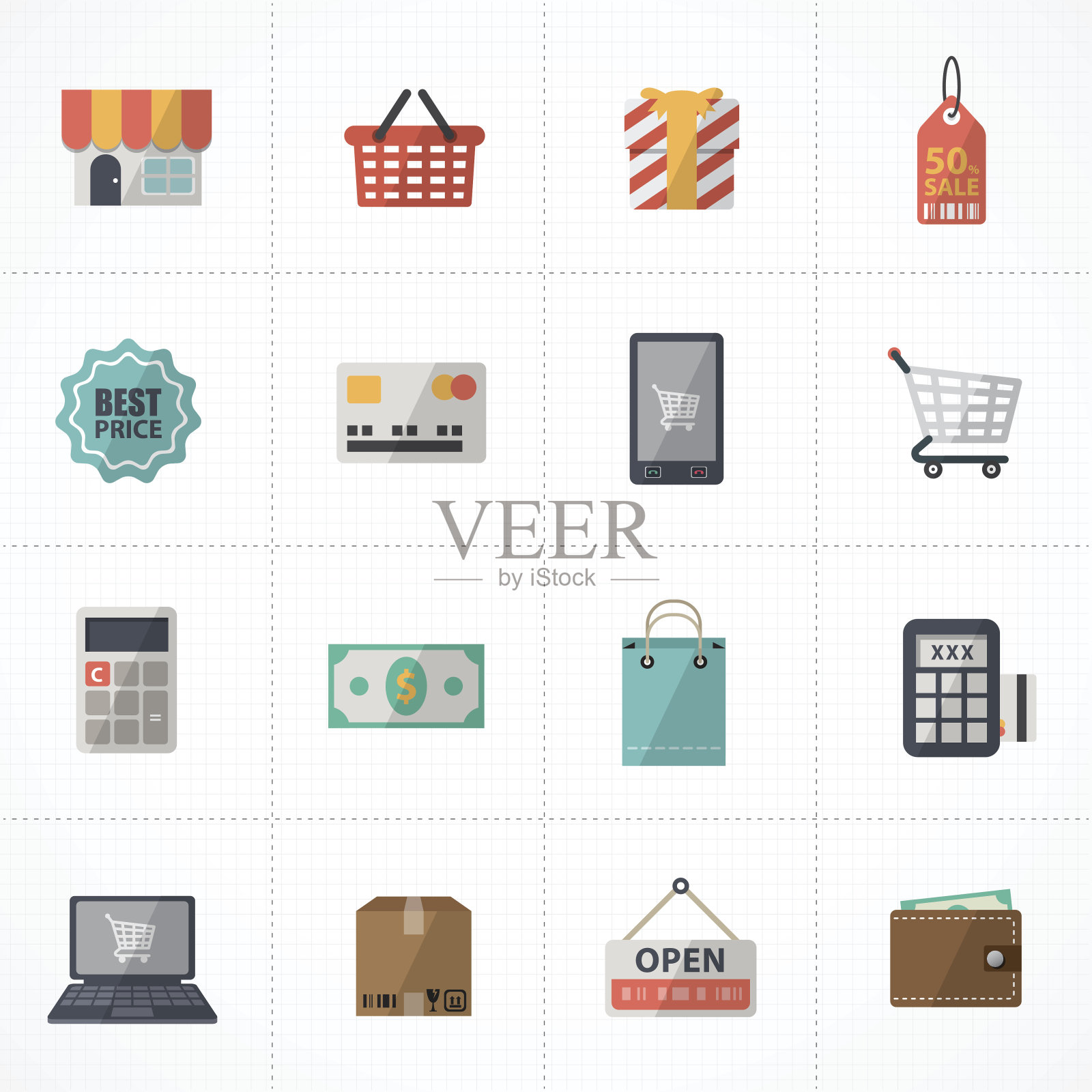 平面图标超市服务，网上购物矢量图标素材