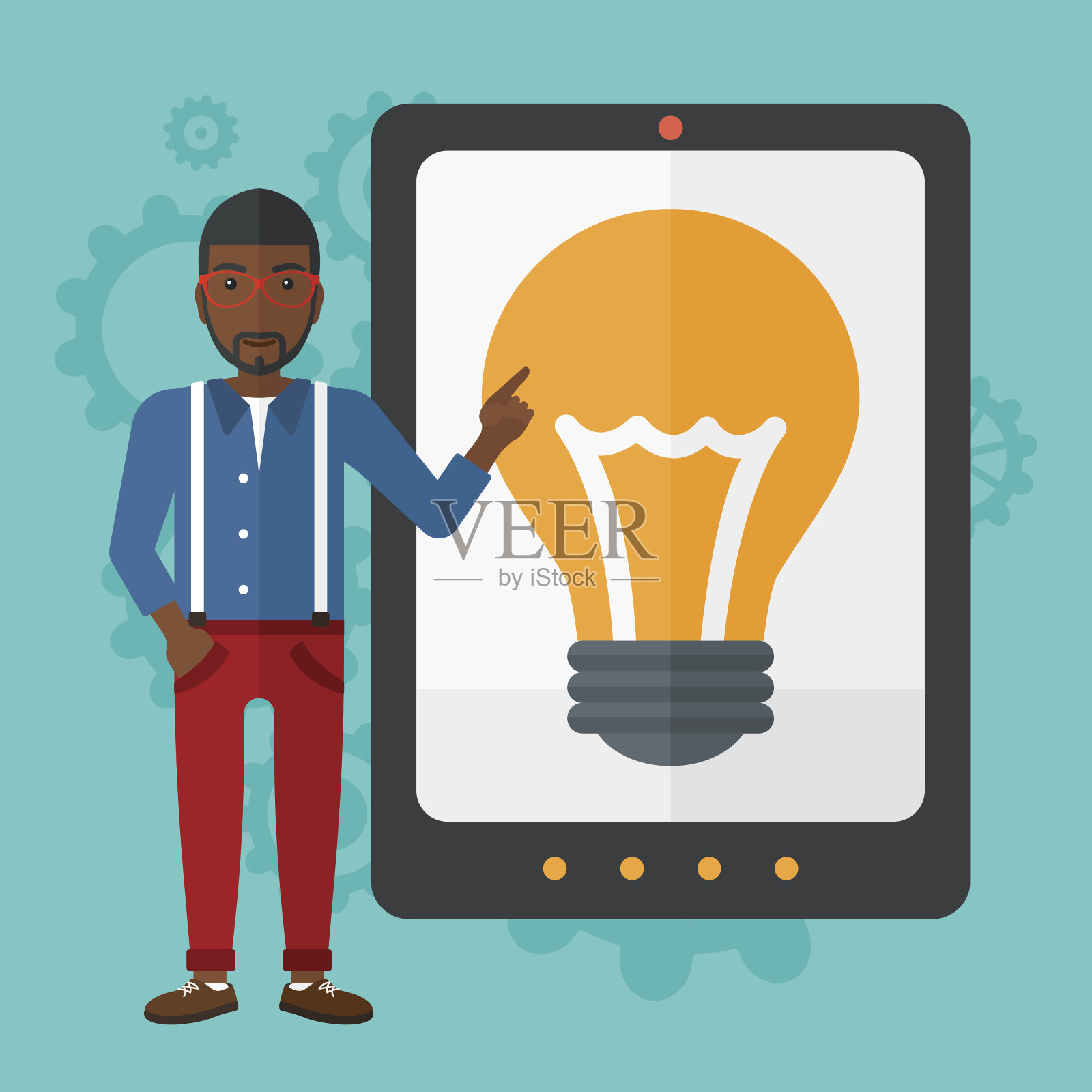 一名男子指着屏幕上亮着灯泡的平板电脑插画图片素材