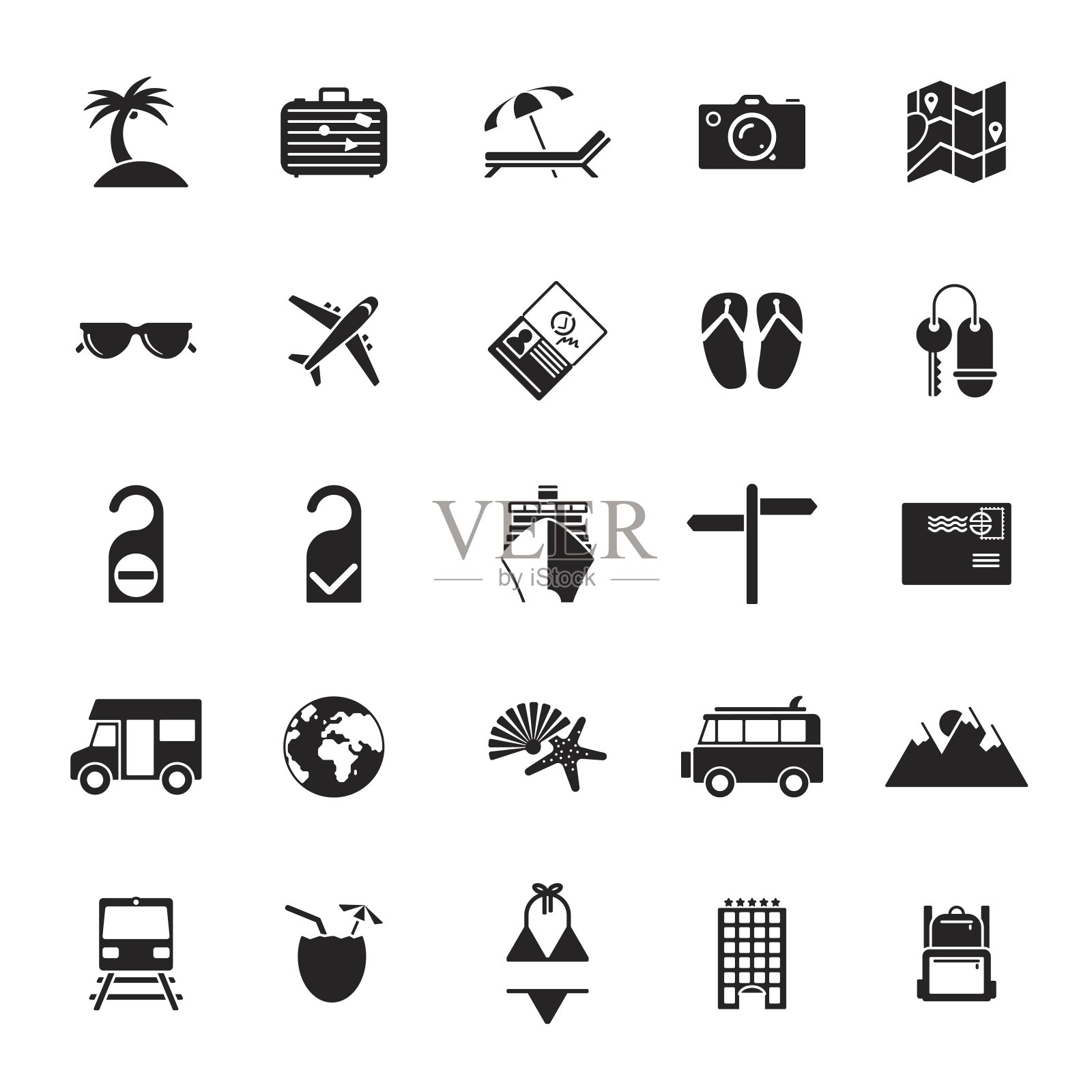 纯黑色旅行和度假图标集图标素材
