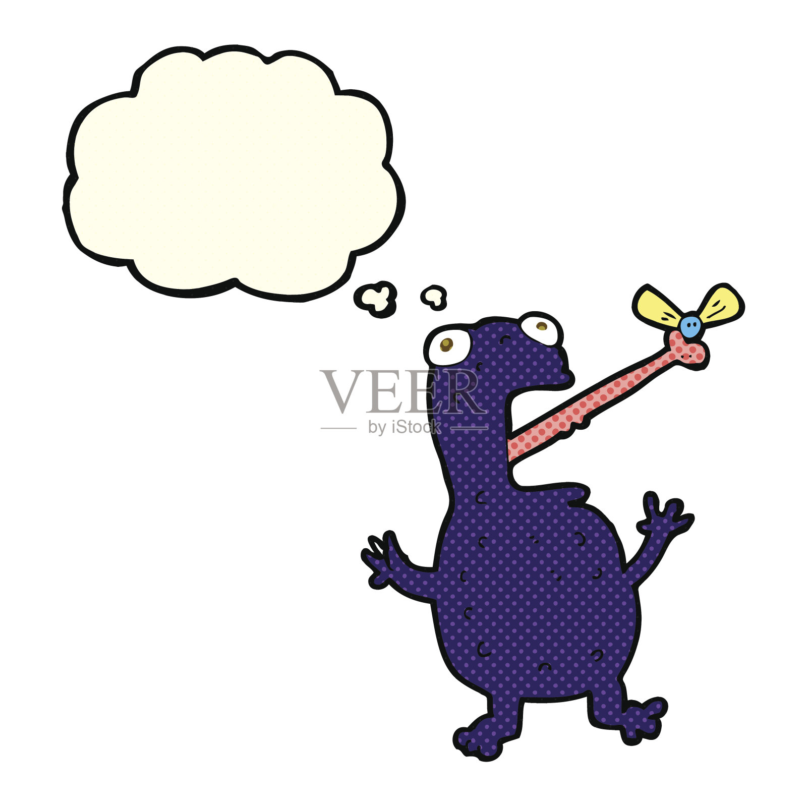 卡通毒蛙用思想泡泡捉苍蝇插画图片素材