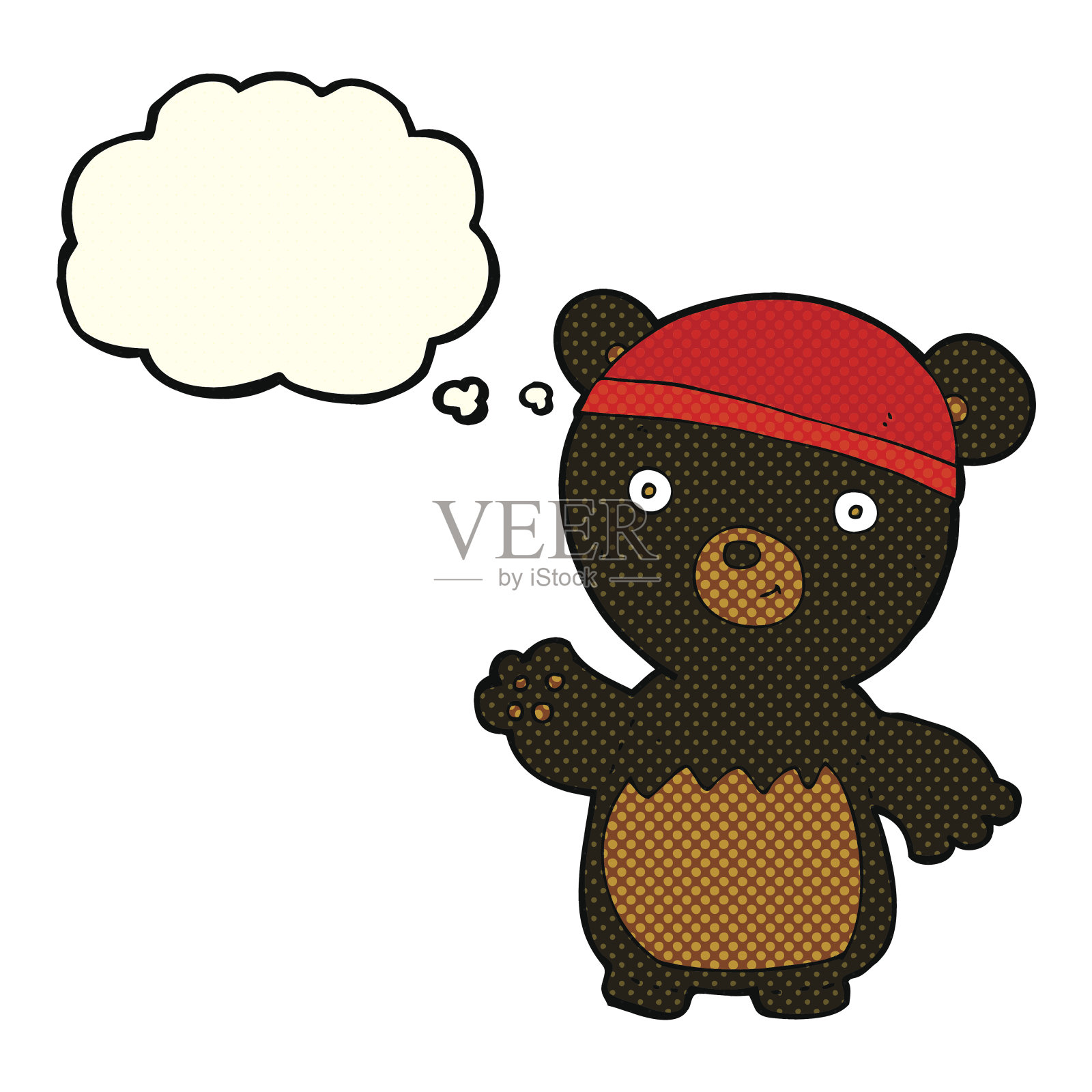 卡通黑熊戴着带有思想泡泡的帽子插画图片素材