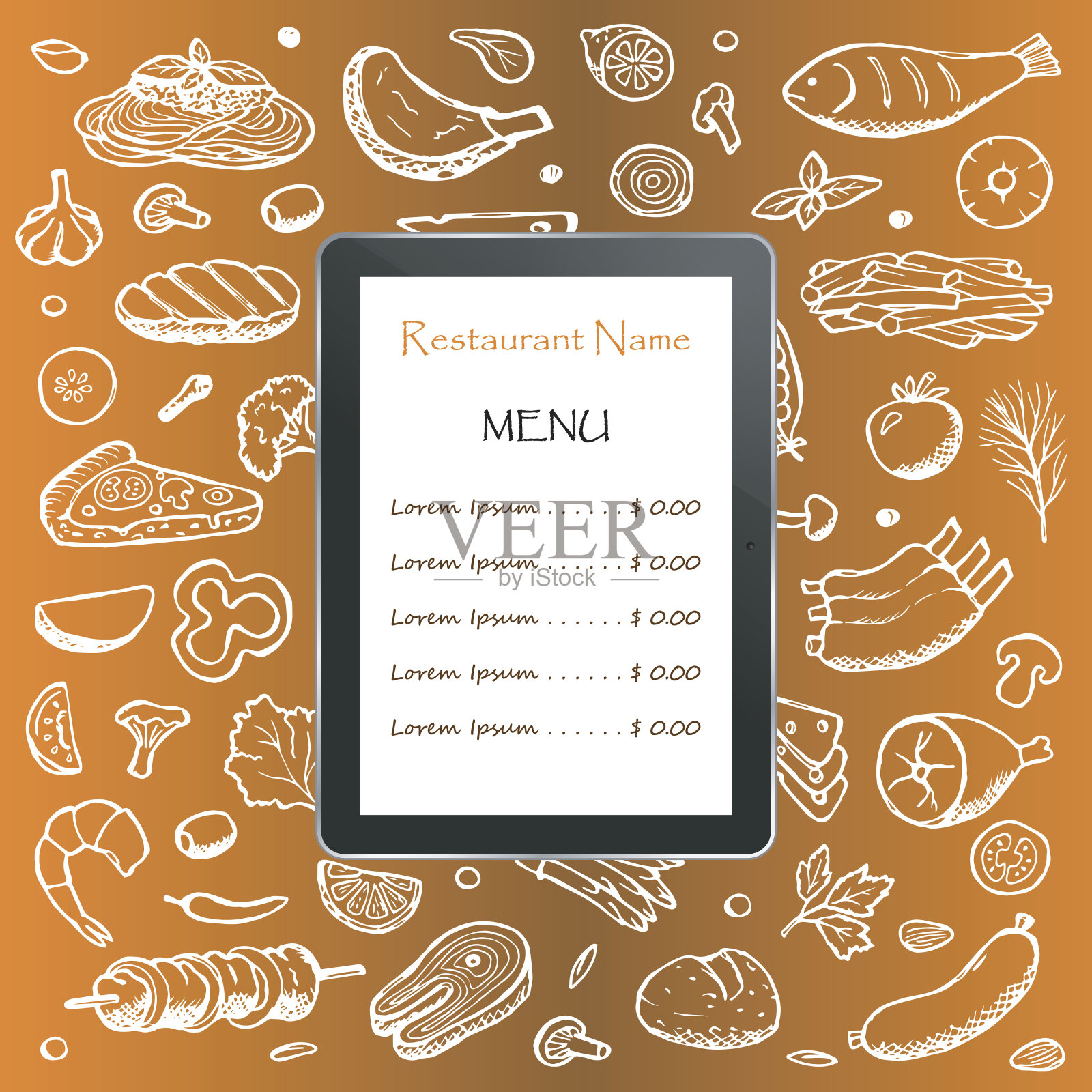 餐厅菜单手绘涂鸦元素和平板电脑设计模板素材