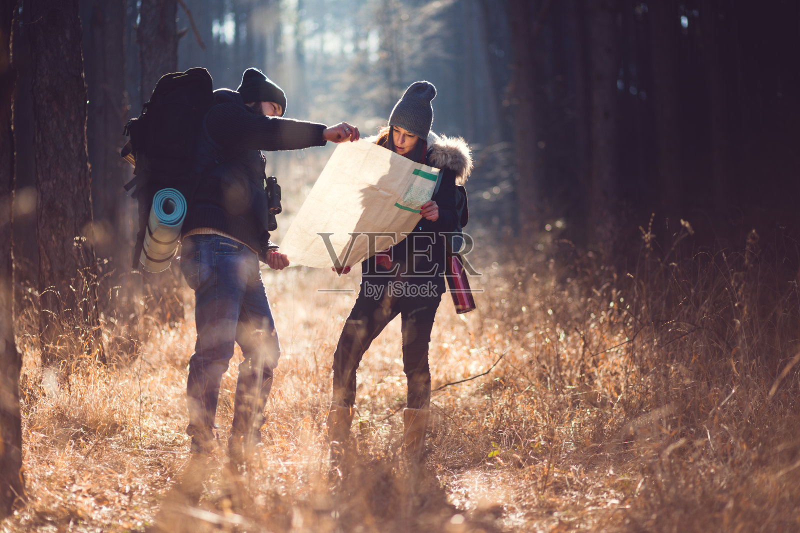 在壮观的阳光林地检查定位地图照片摄影图片
