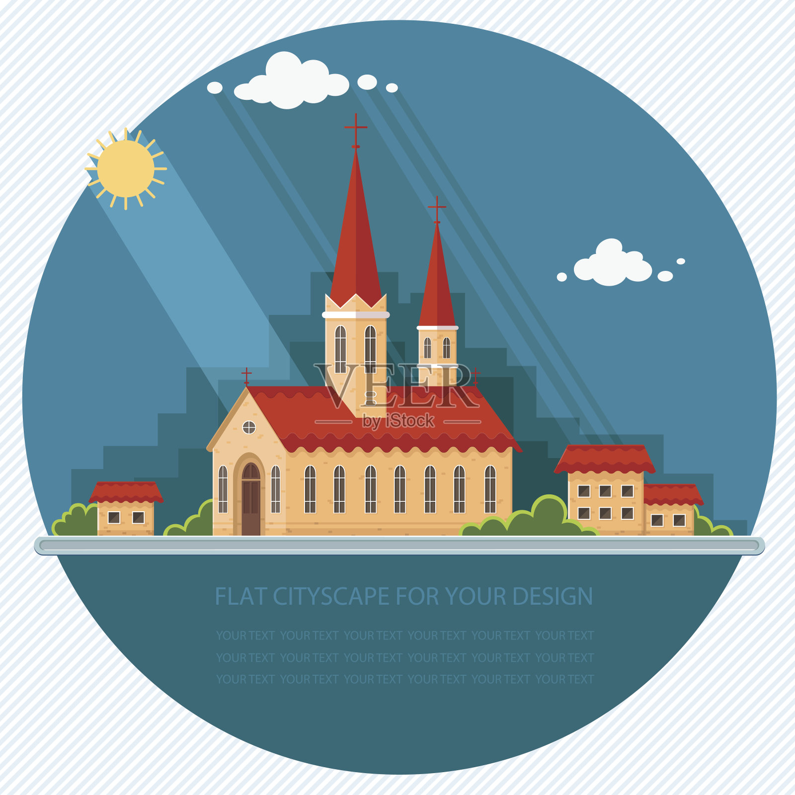 以城市为背景的景观教堂。平的插图插画图片素材