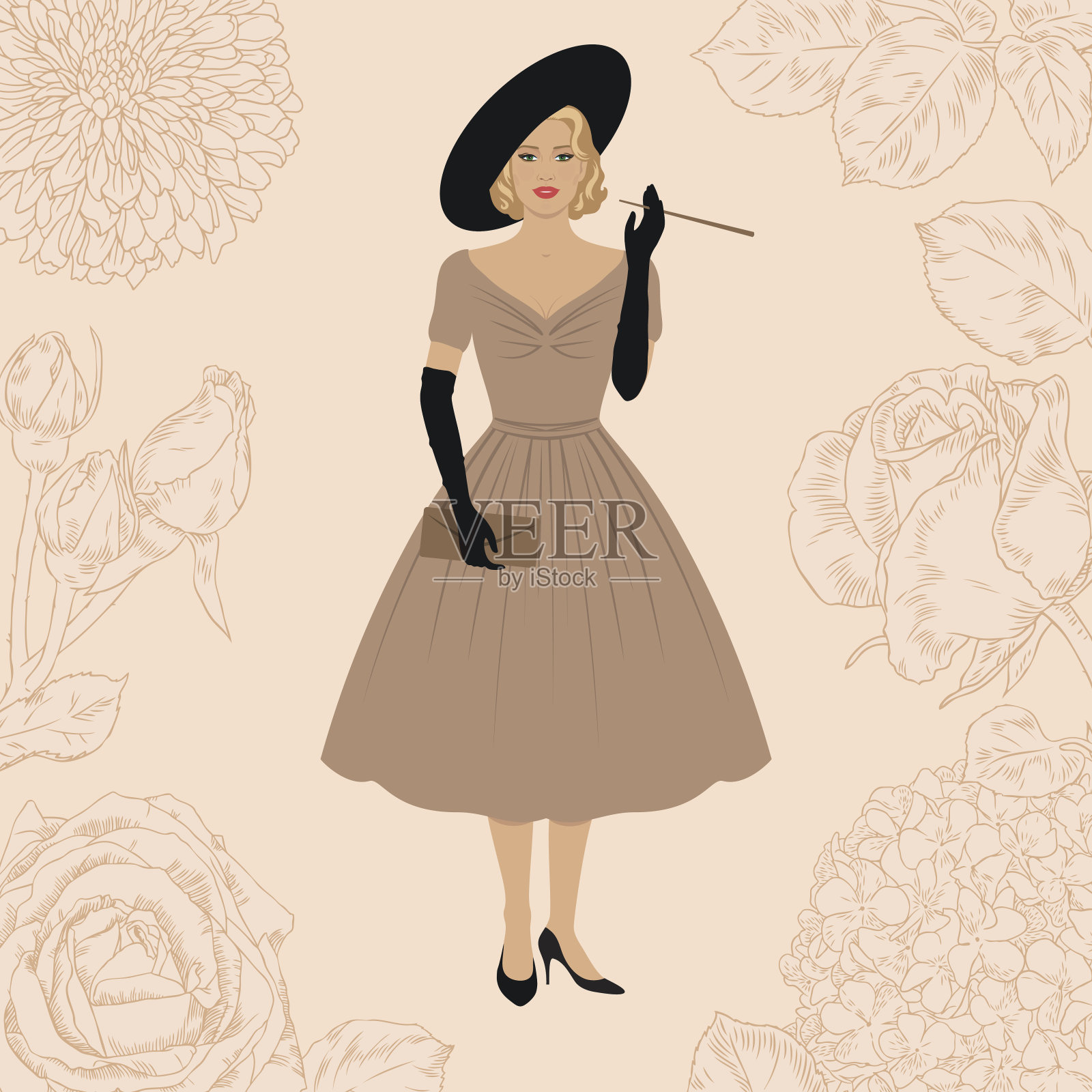 穿着复古裙的女士。插画图片素材