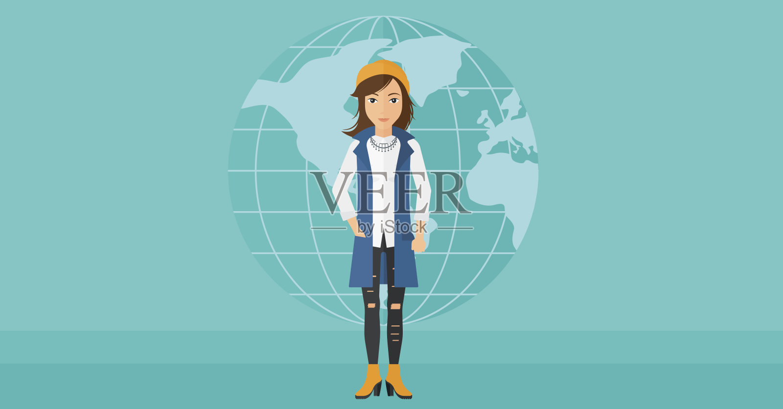 商业女性站在全球的背景插画图片素材