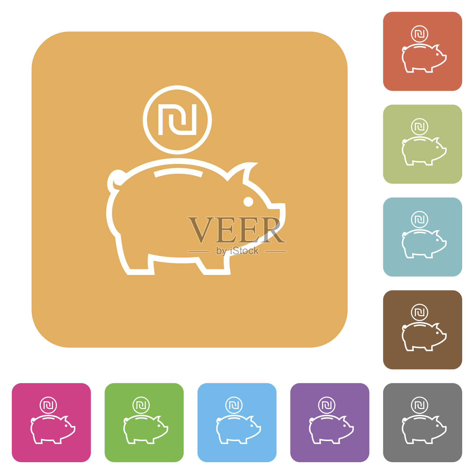 以色列新谢克尔小猪储蓄罐圆形方形扁平图标插画图片素材