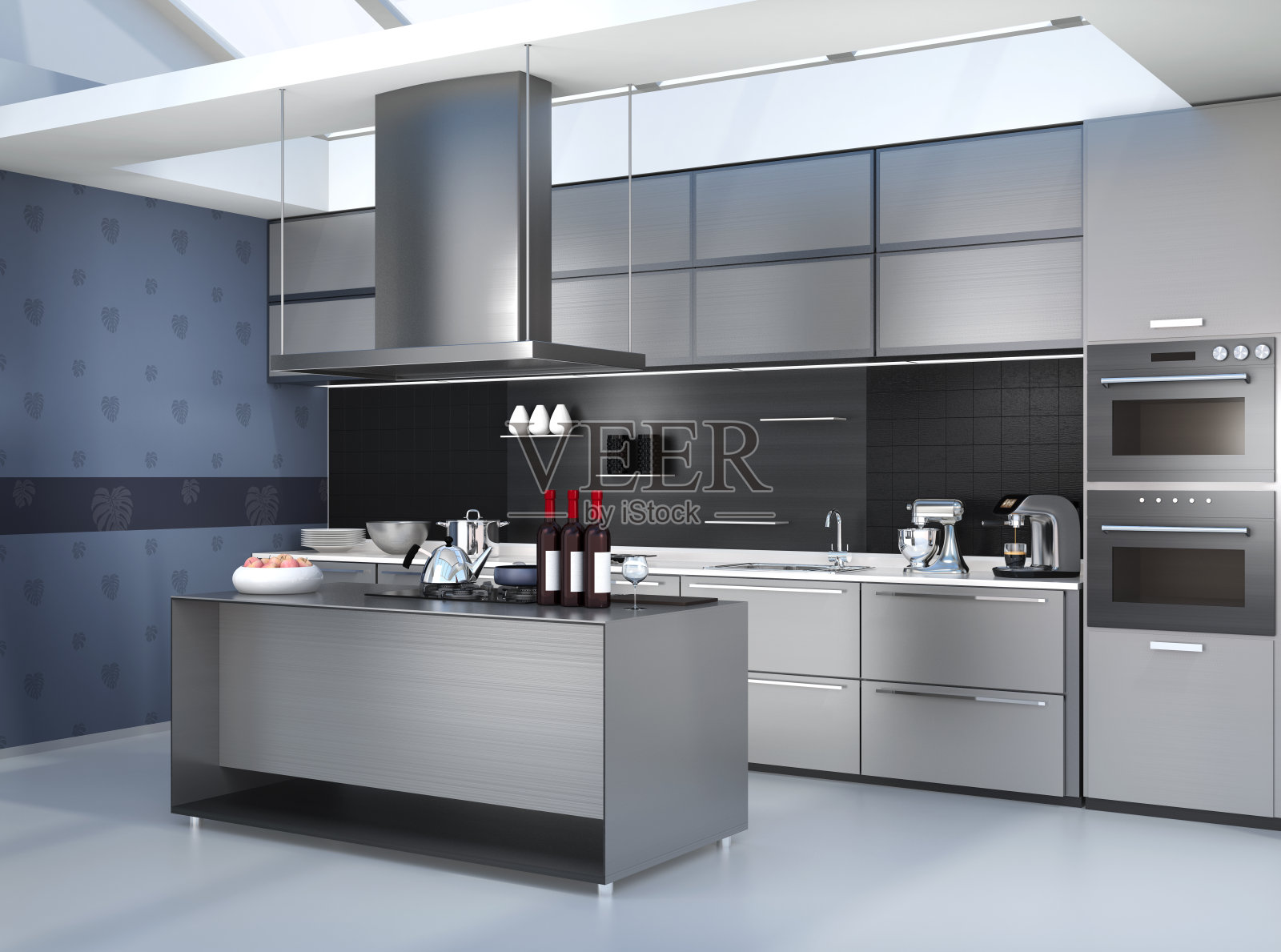 现代厨房内部与智能家电银色协调照片摄影图片