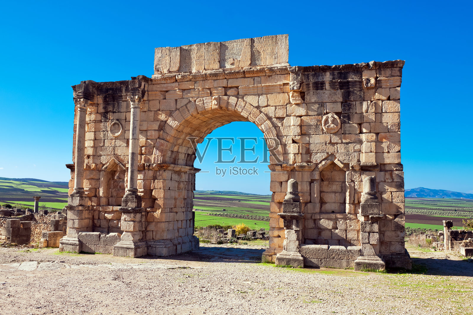 罗马遗迹，在Volubilis, Meknes Tafilalet，摩洛哥照片摄影图片