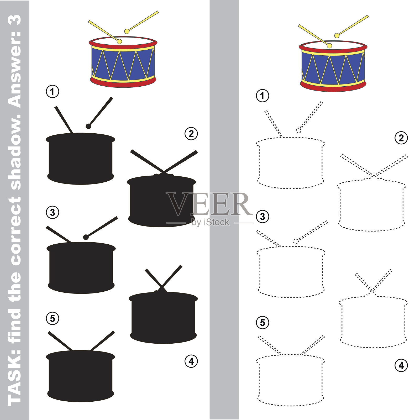 玩具鼓。找到真正正确的影子。插画图片素材