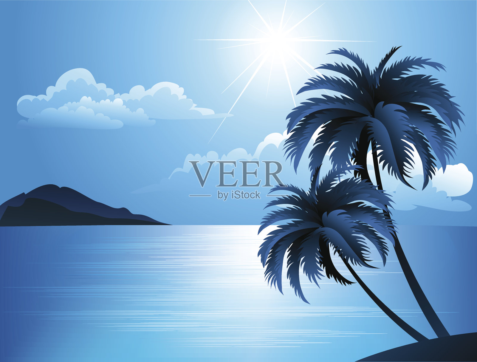 夏日沙滩上有棕榈树插画图片素材