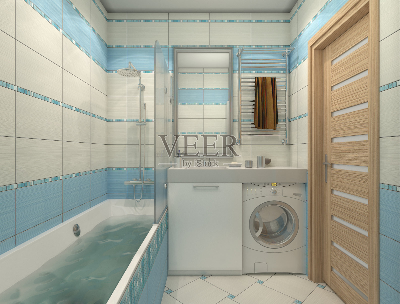 蓝色浴室设计的3D插图照片摄影图片