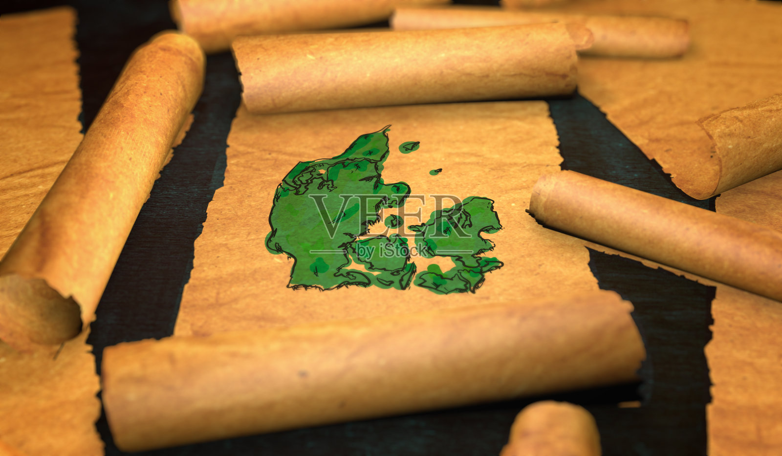 丹麦地图画展开旧纸卷轴3D插画图片素材