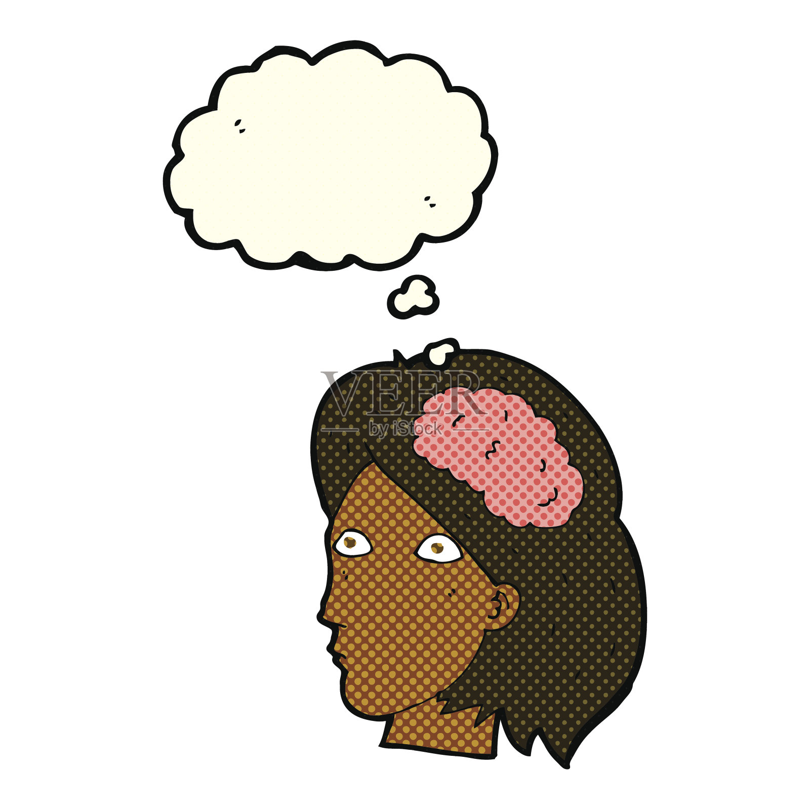卡通女性头部与脑符号与思想泡泡设计元素图片