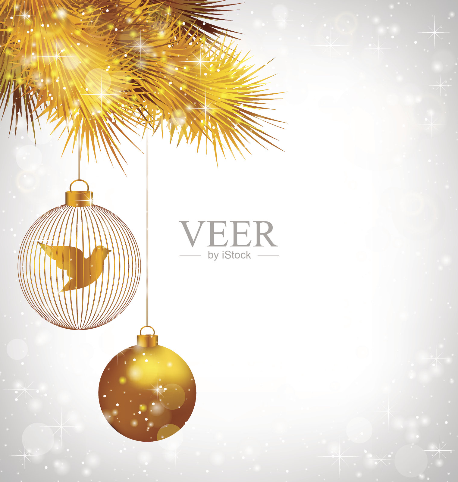 带有鸟和金色松木的圣诞球插画图片素材