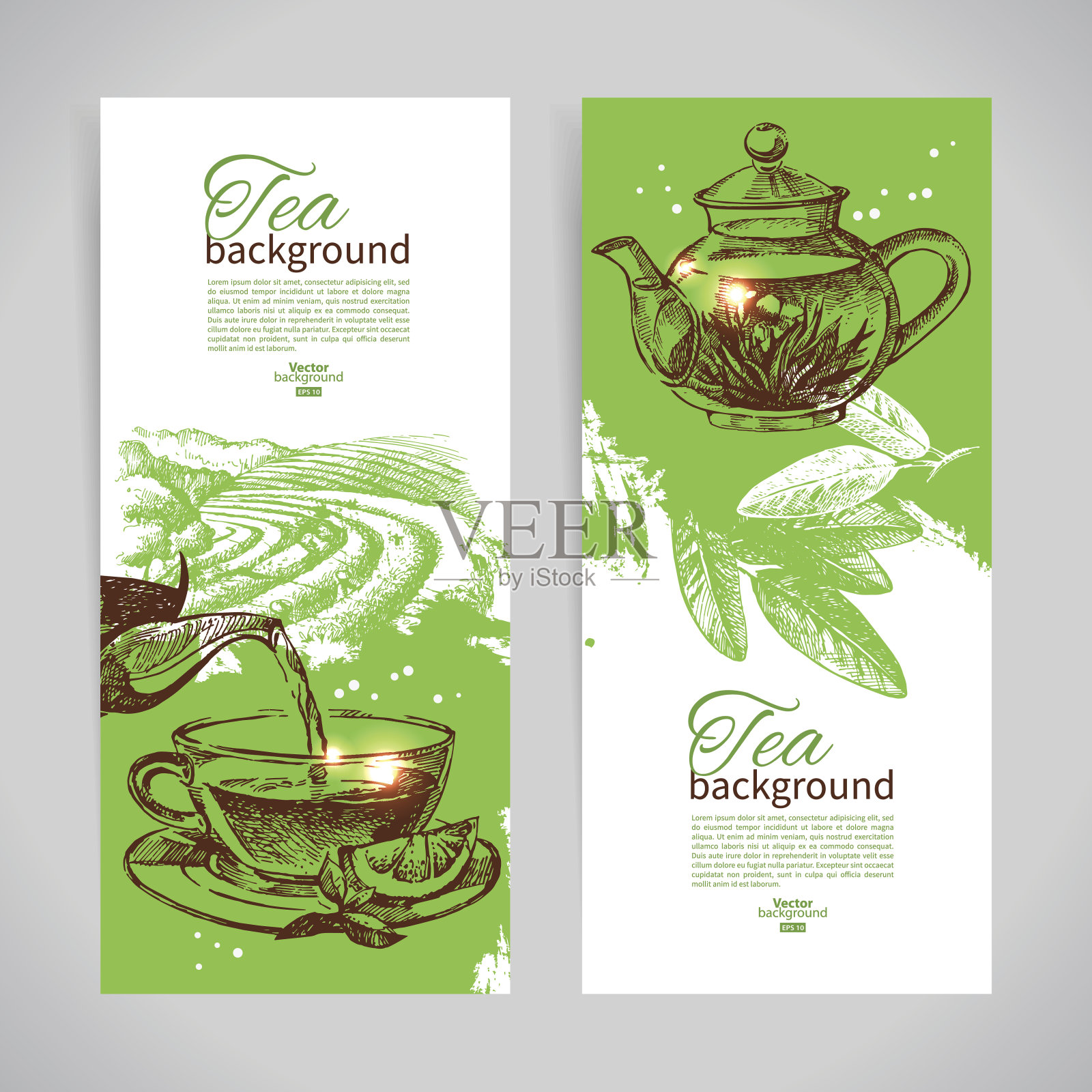 一套复古茶横幅。手绘草图。男人设计模板素材