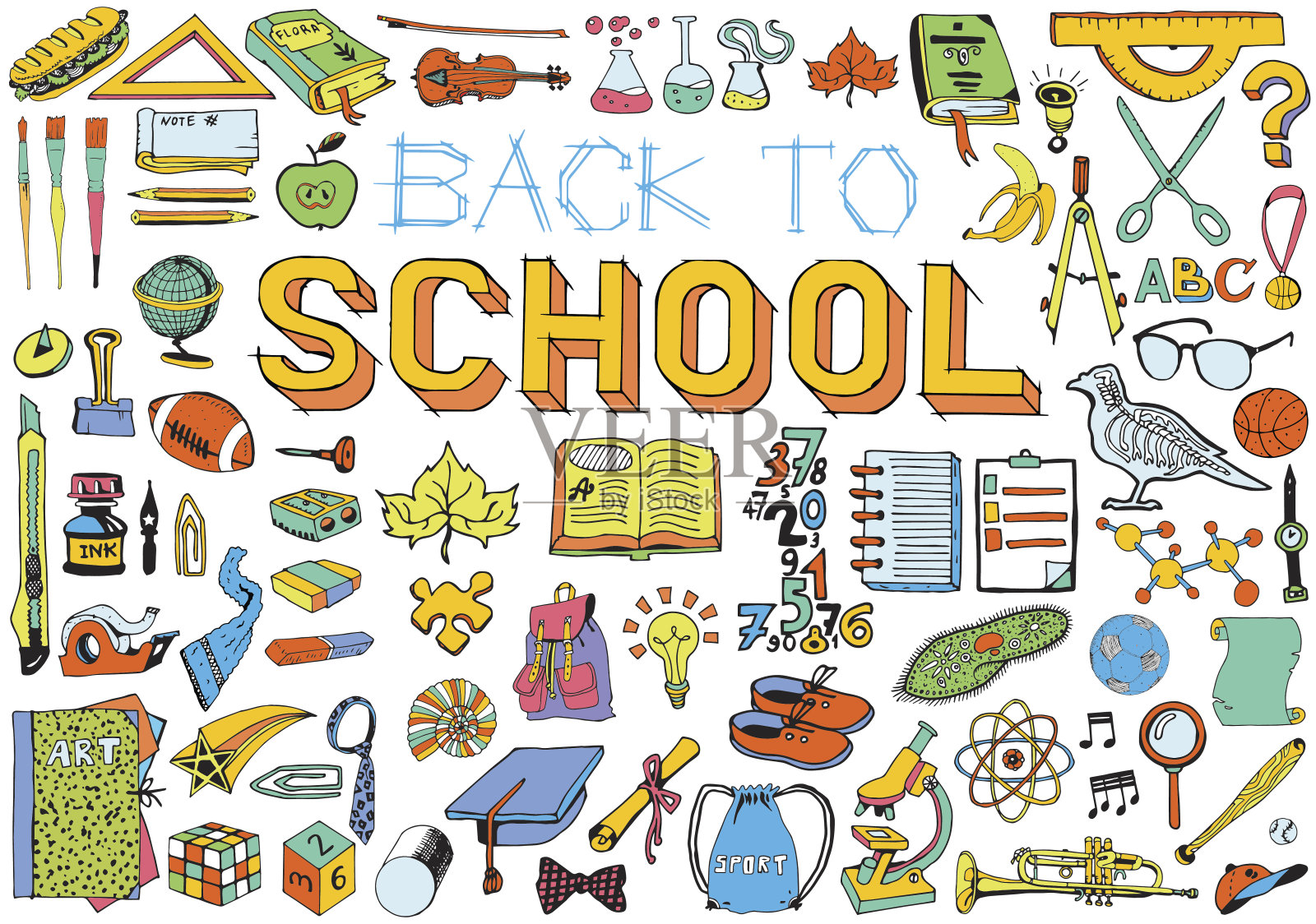 回到学校的涂鸦集。手绘插图，教育主题。插画图片素材