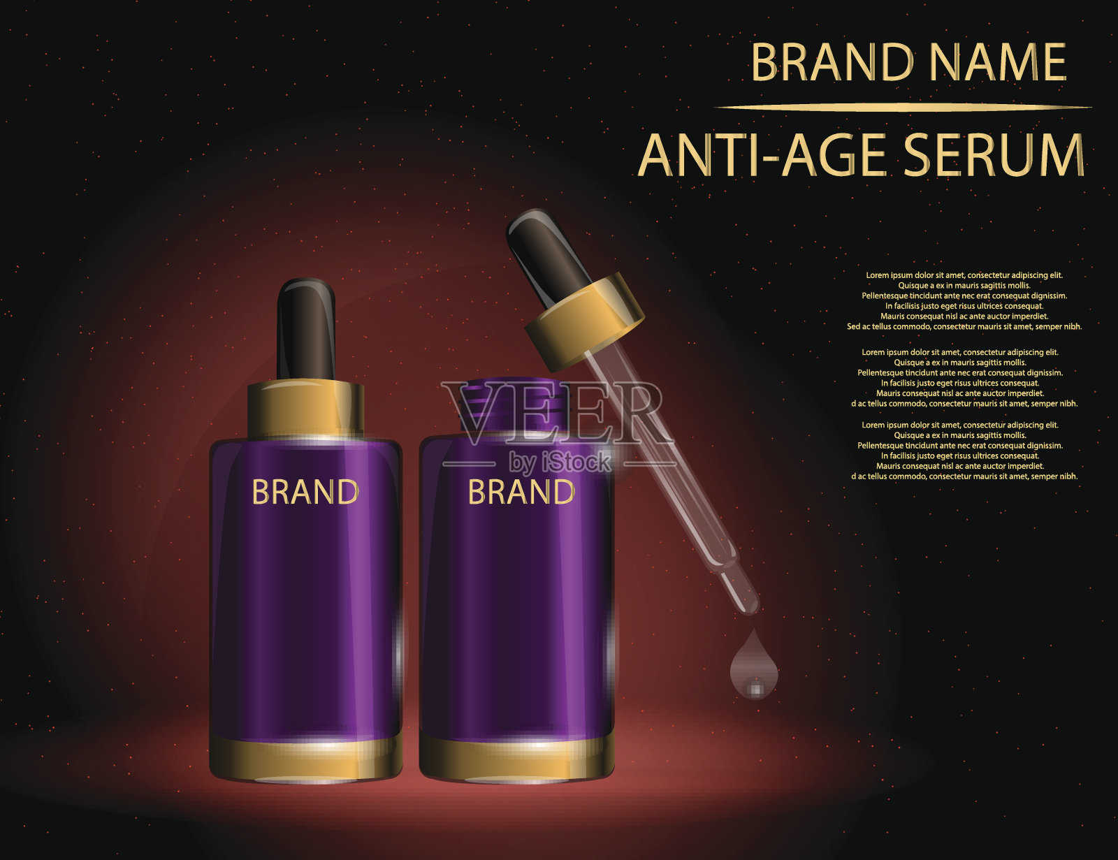 胶原精华液容器模板与滴管，光泽瓶上闪闪发光的效果背景设计模板素材