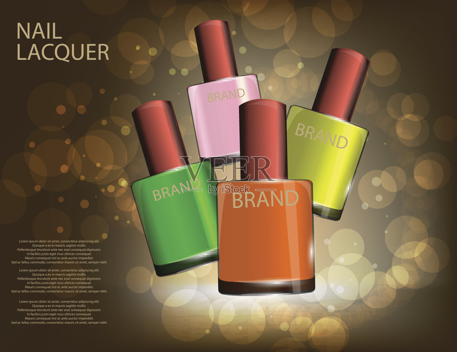 彩色的指甲油模板，光泽的瓶子上闪闪发光的效果背景。插画图片素材