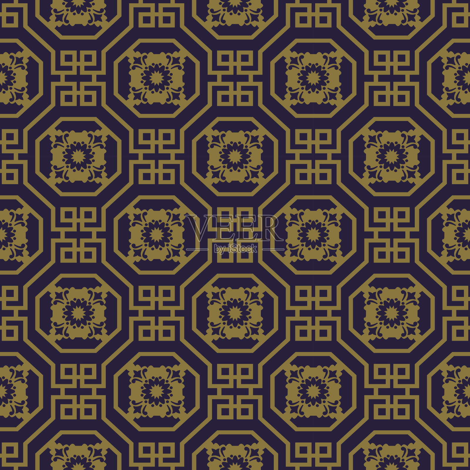 典雅古色古香的八角形图案的螺旋方形花图案。插画图片素材