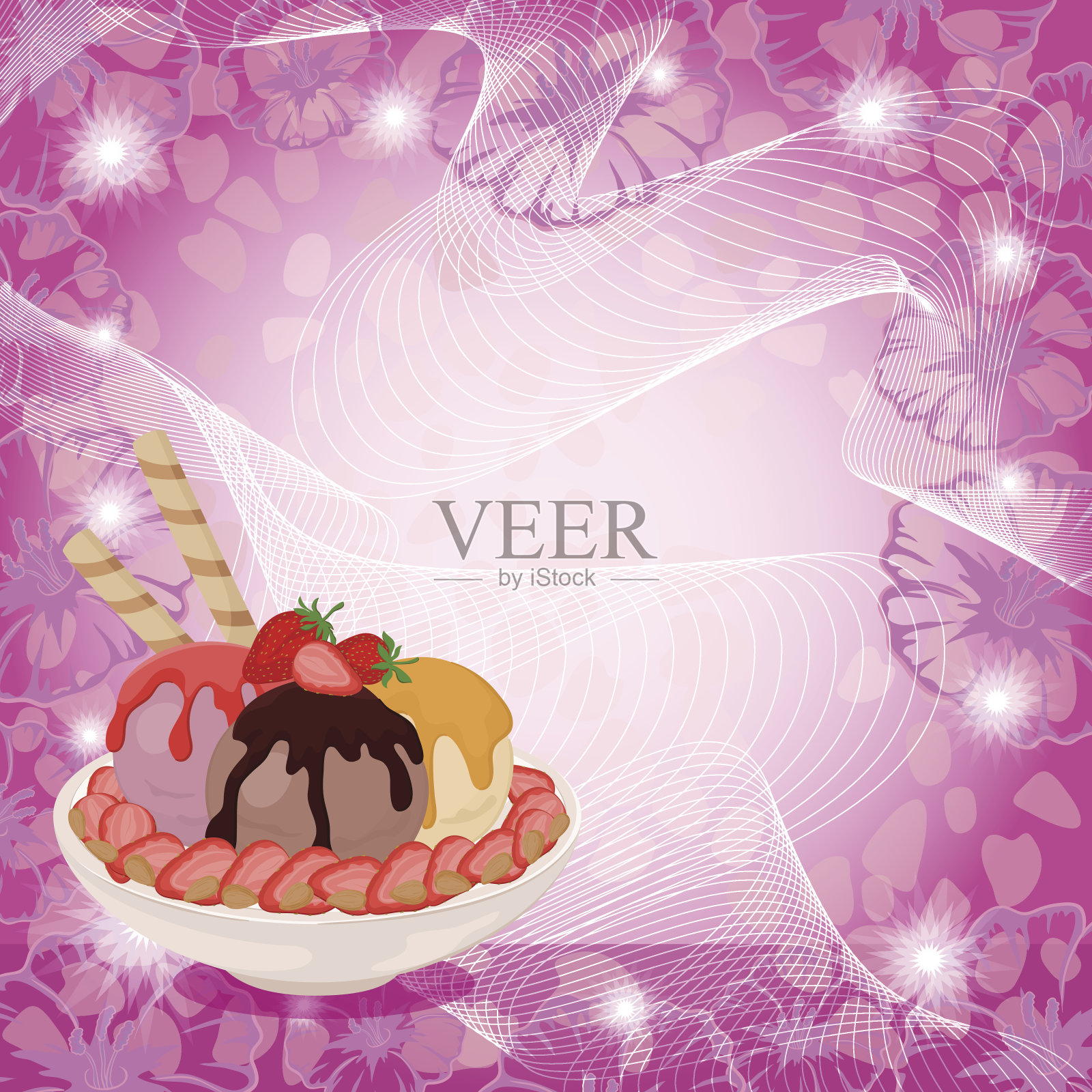 冰淇淋，草莓和抽象背景设计元素图片