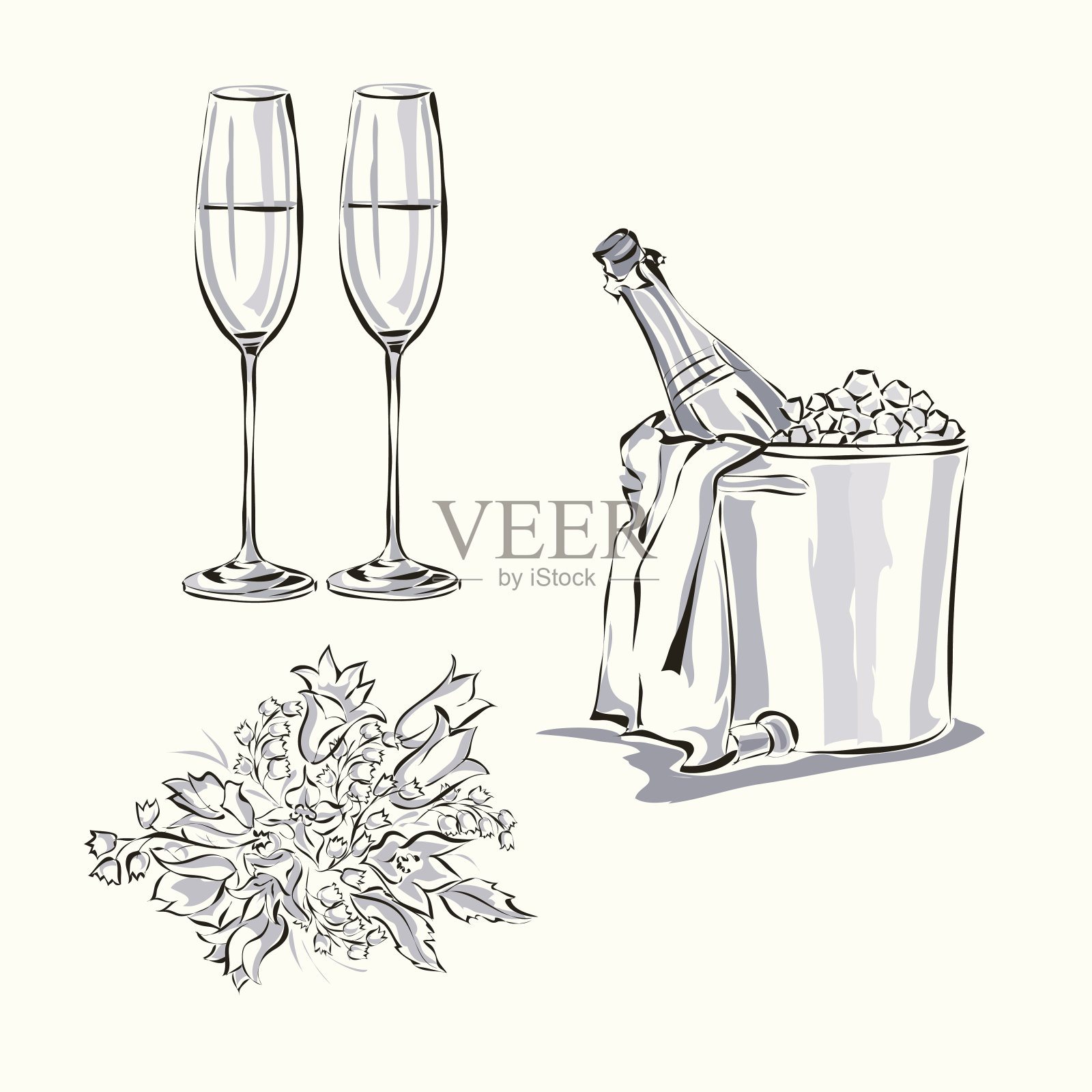 婚礼邀请集婚礼香槟瓶，高脚杯和花束插画图片素材