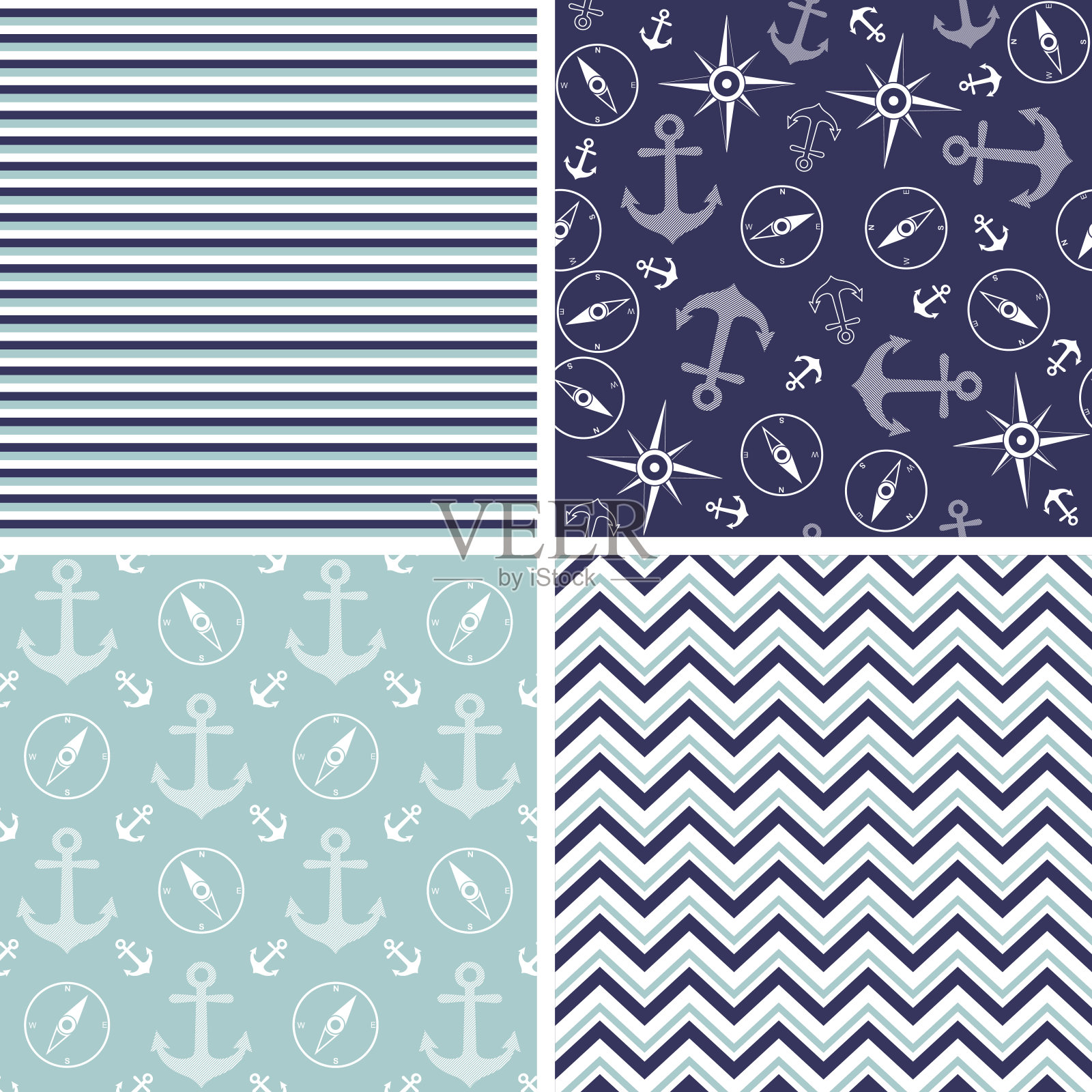 无缝图案与海锚和风玫瑰符号插画图片素材