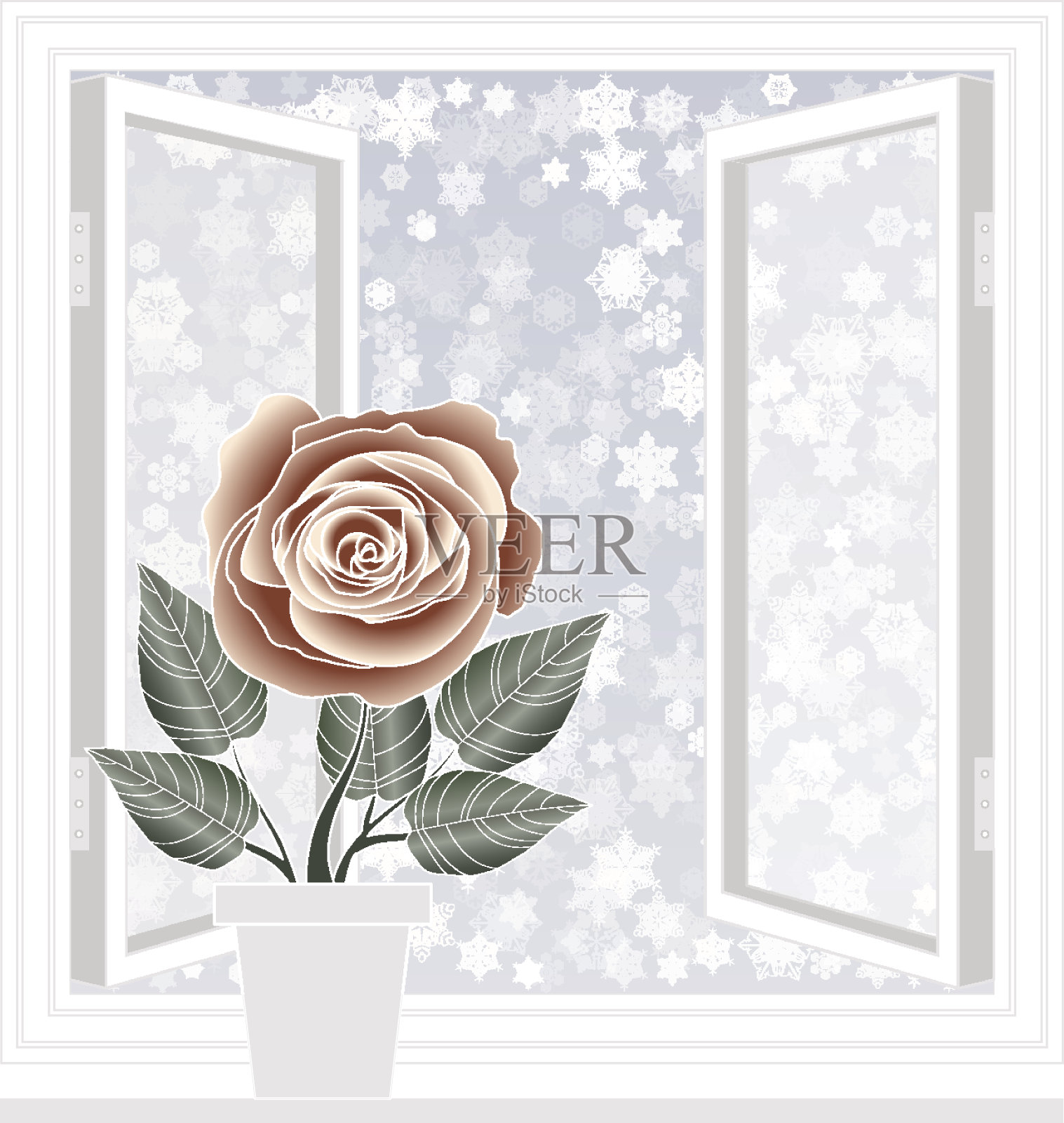 保存热腾腾的明信片，打开以雪花为背景的窗户插画图片素材