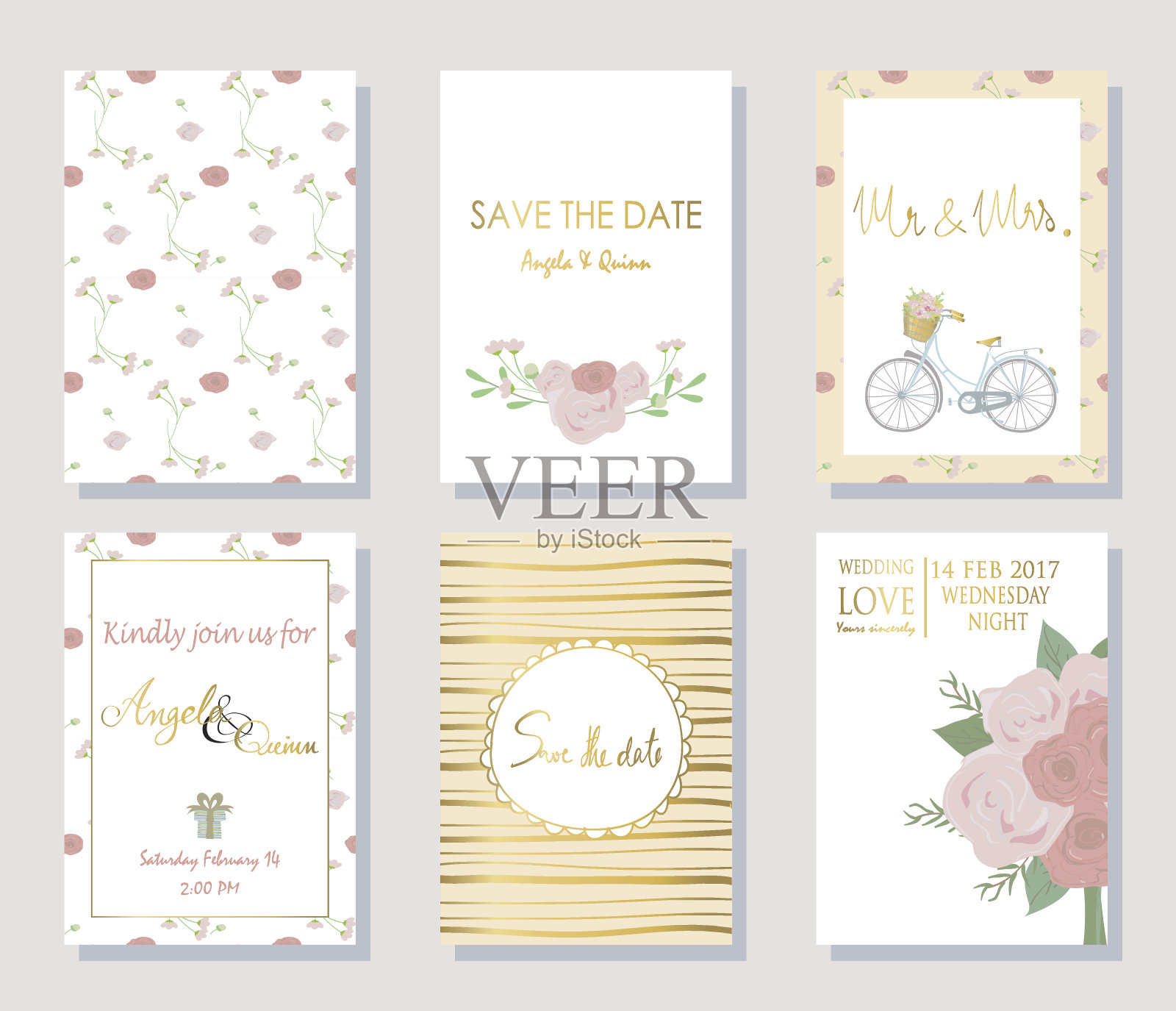 浅粉蓝色的金色请柬，上面有自行车花束设计模板素材