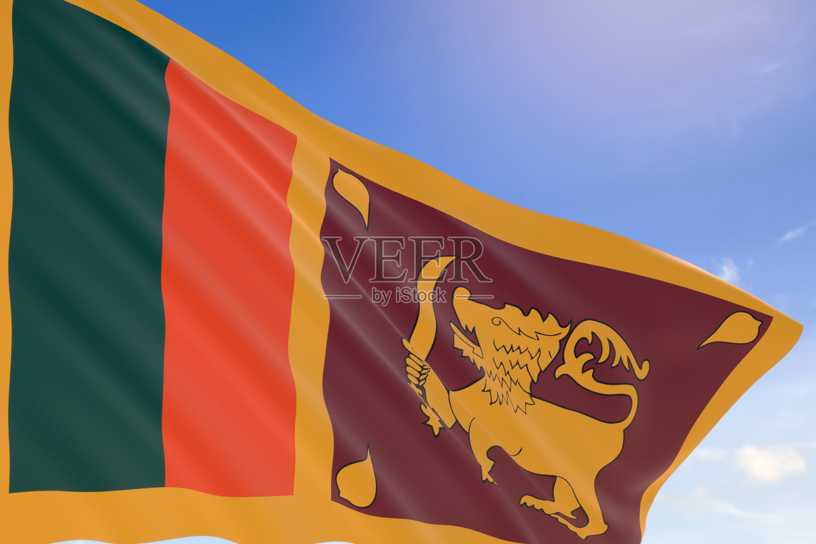 斯里兰卡国旗在蓝天上飘扬的3D渲染插画图片素材