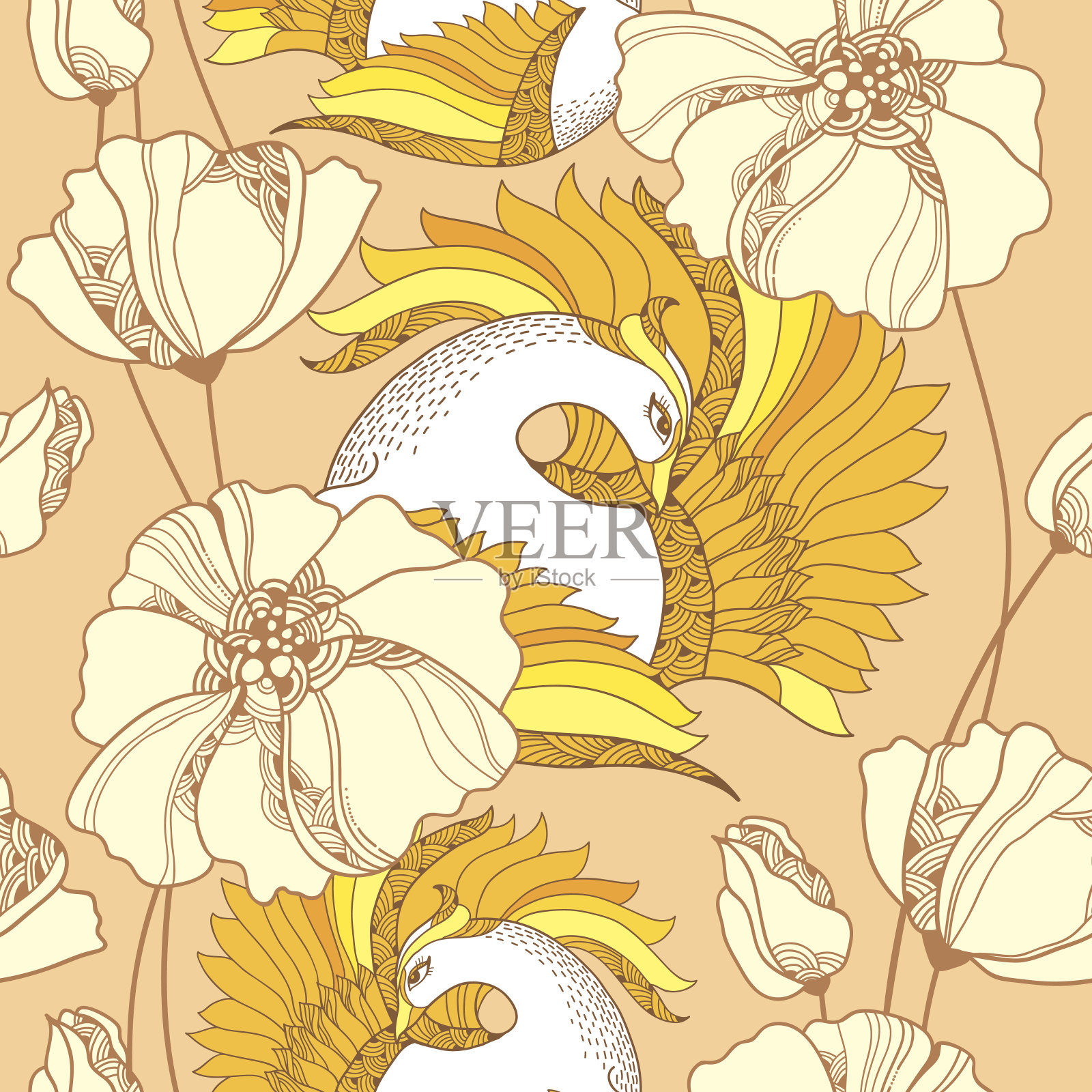 无缝图案与神话火鸟和花插画图片素材