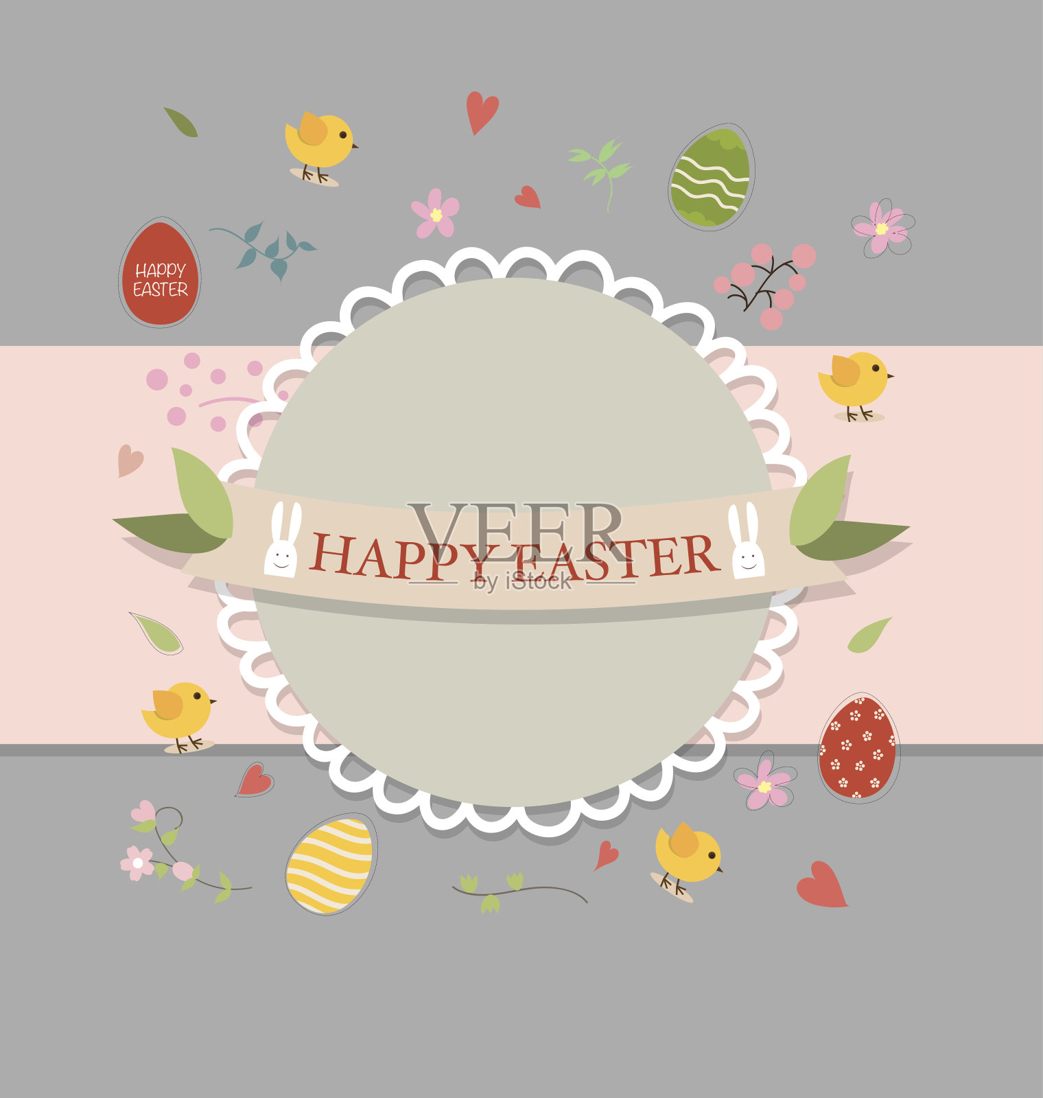 带有复活节兔子和复活节彩蛋的复活节贺卡。设计模板素材